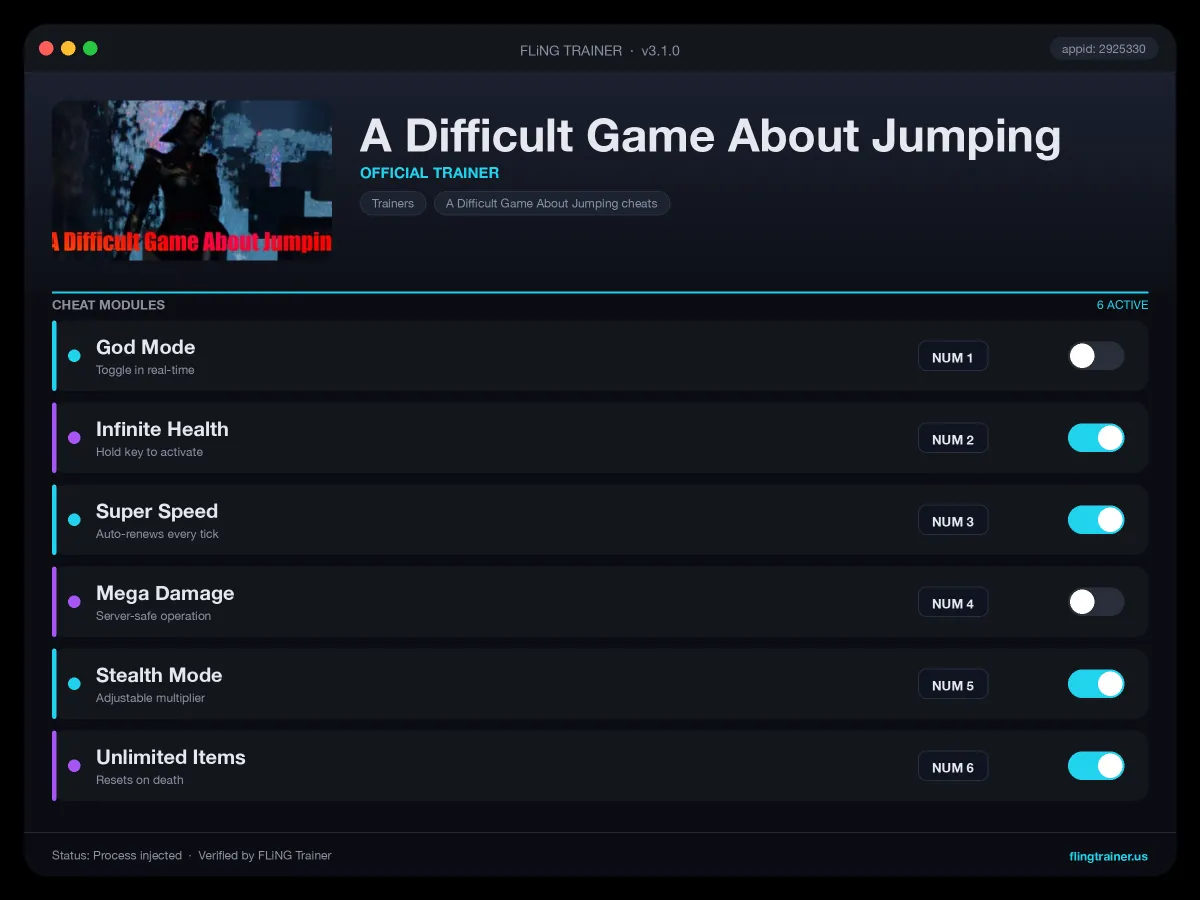 A Difficult Game About Jumping Trainer interface