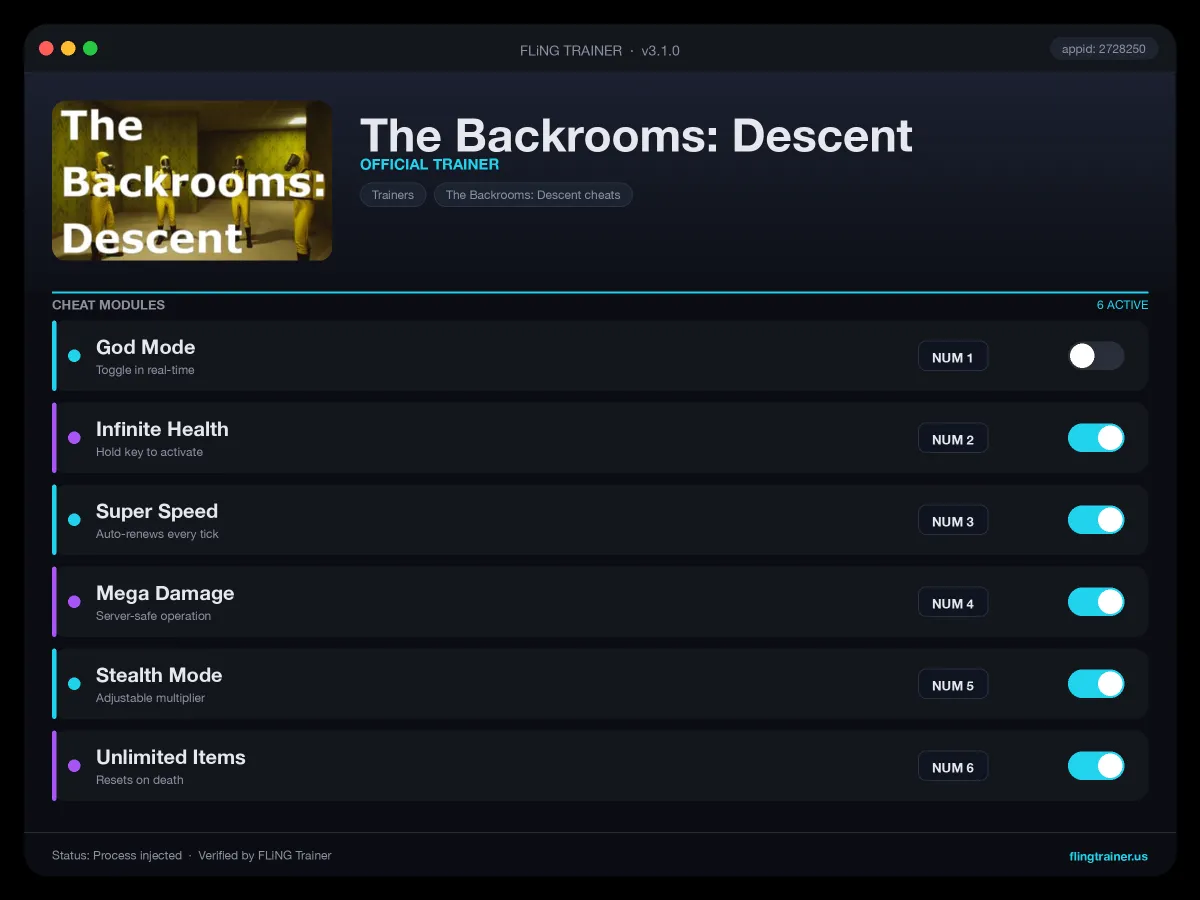 The Backrooms: Descent Trainer interface