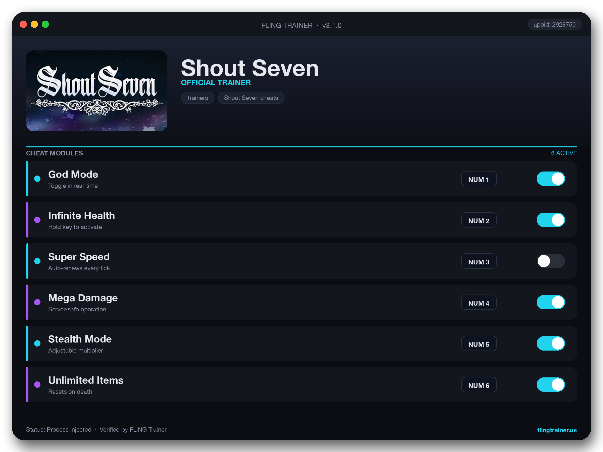 Shout Seven Trainer interface