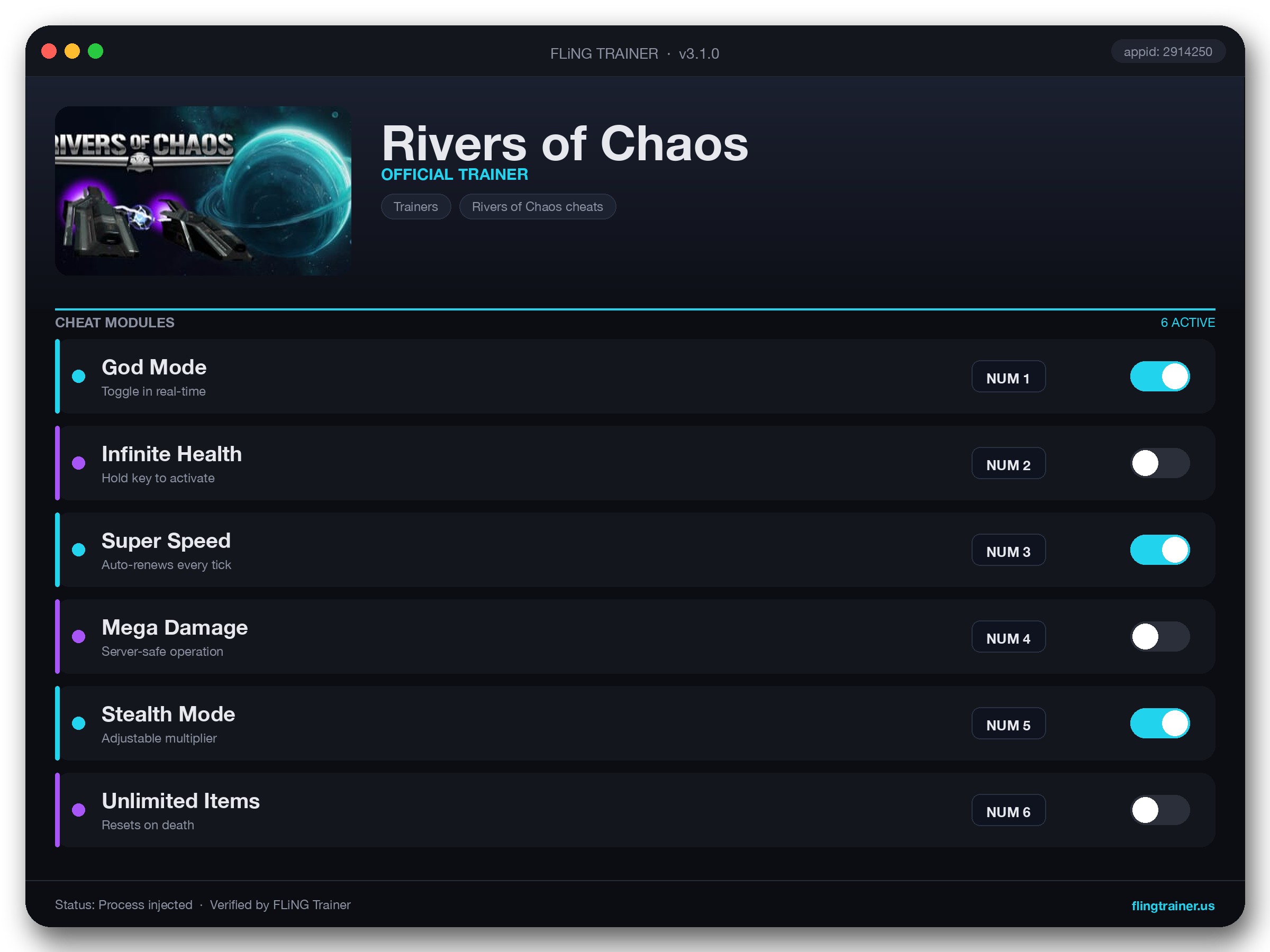 Rivers of Chaos Trainer interface