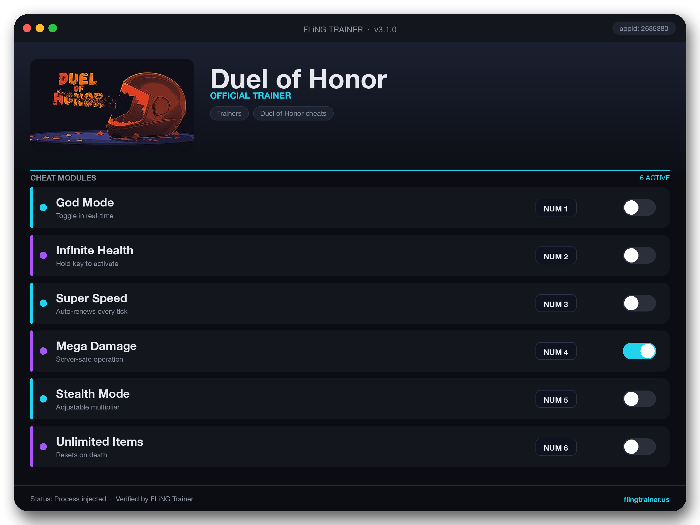 Duel of Honor Trainer interface