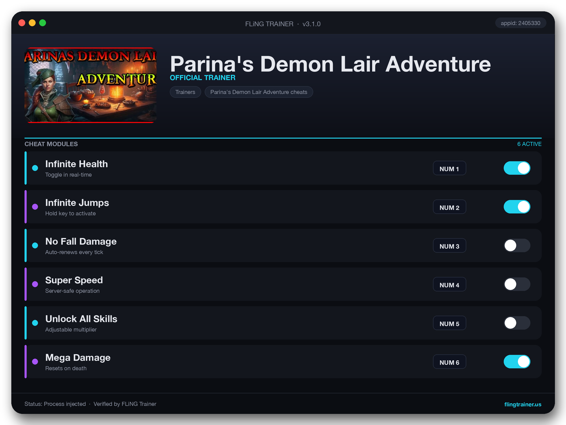 Parina's Demon Lair Adventure Trainer interface