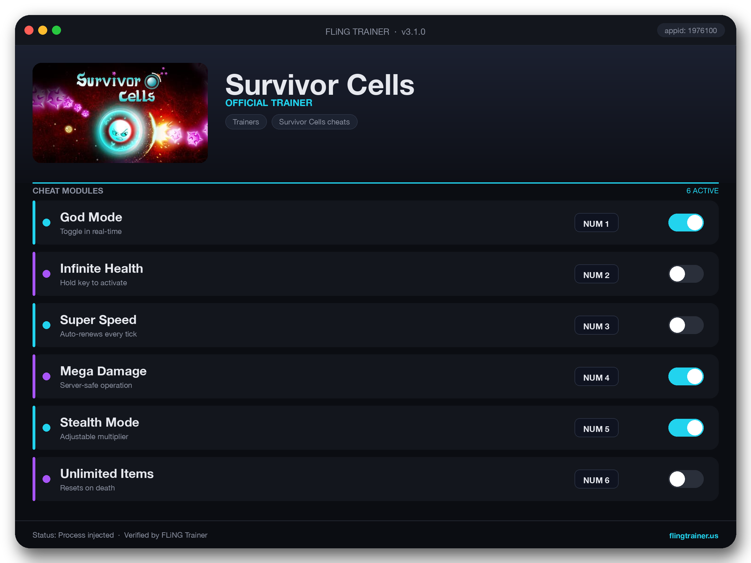 Survivor Cells Trainer interface