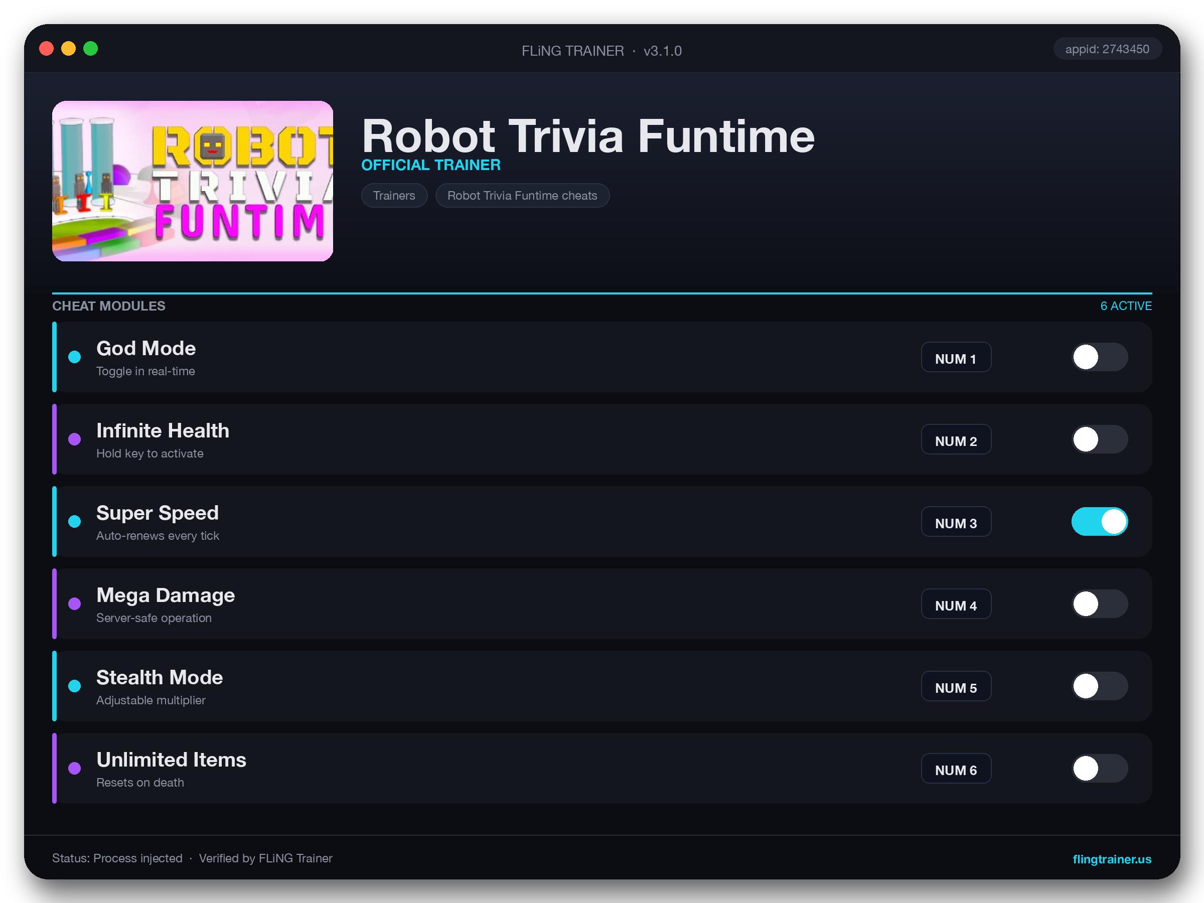 Robot Trivia Funtime Trainer interface