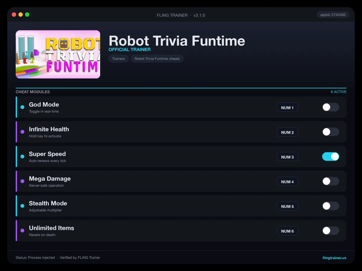 Robot Trivia Funtime Trainer interface