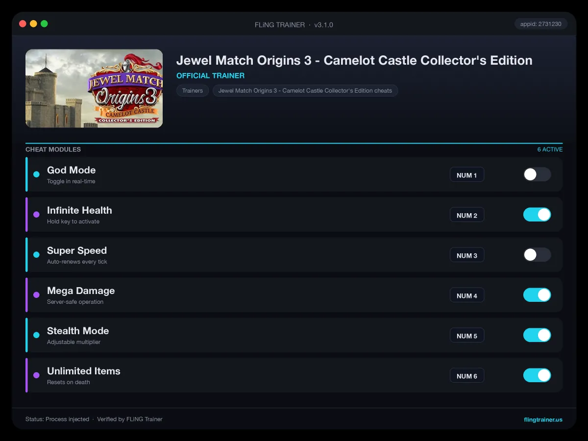 Jewel Match Origins 3 - Camelot Castle Collector's Edition Trainer interface