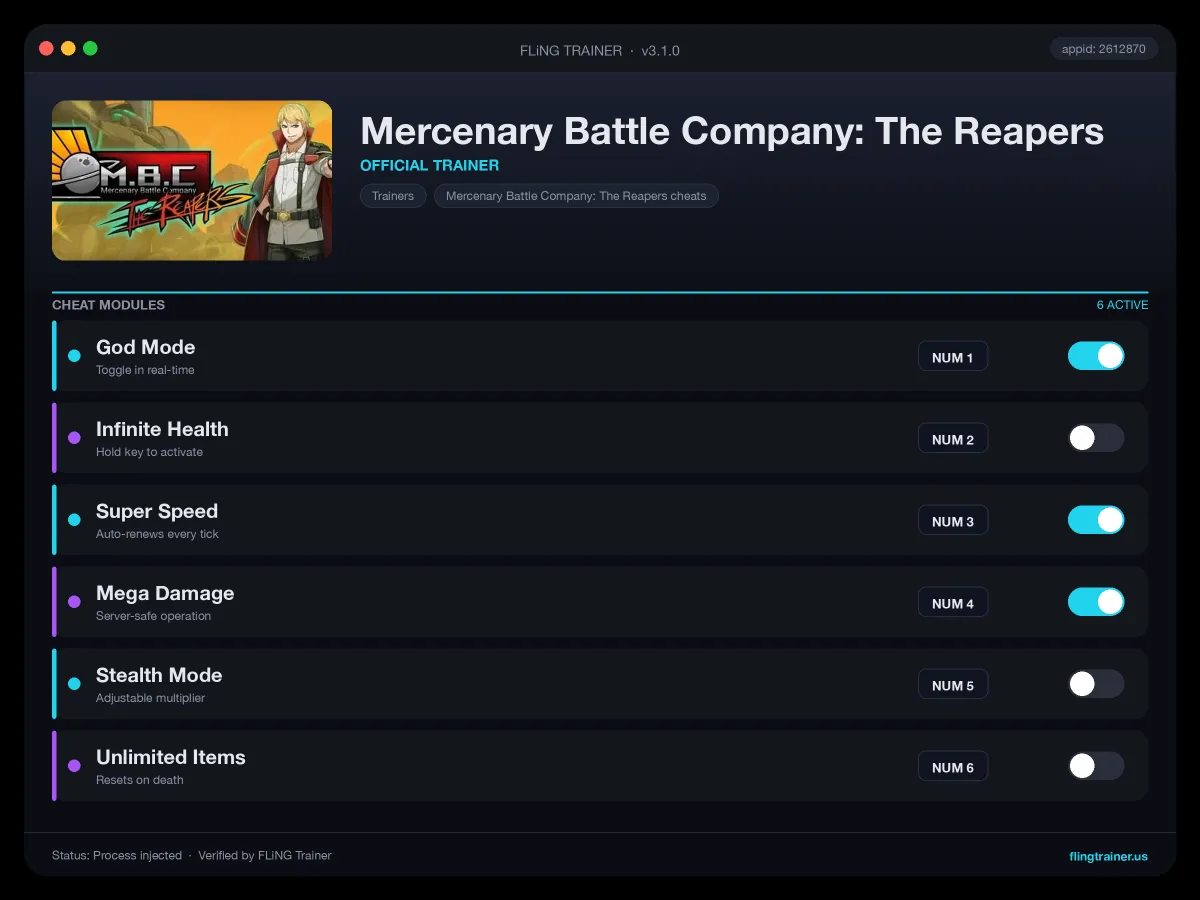 Mercenary Battle Company: The Reapers Trainer interface