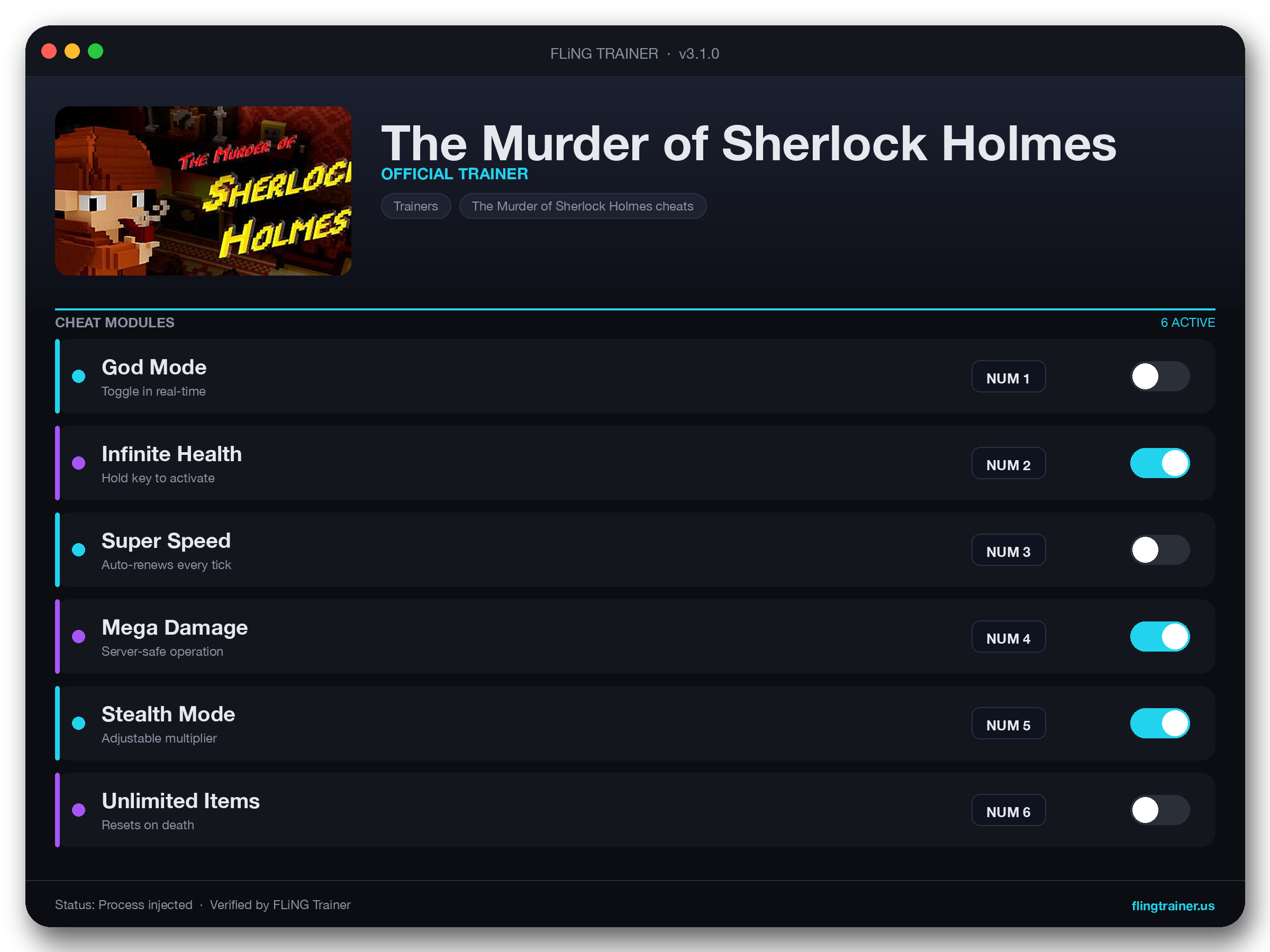 The Murder of Sherlock Holmes Trainer interface