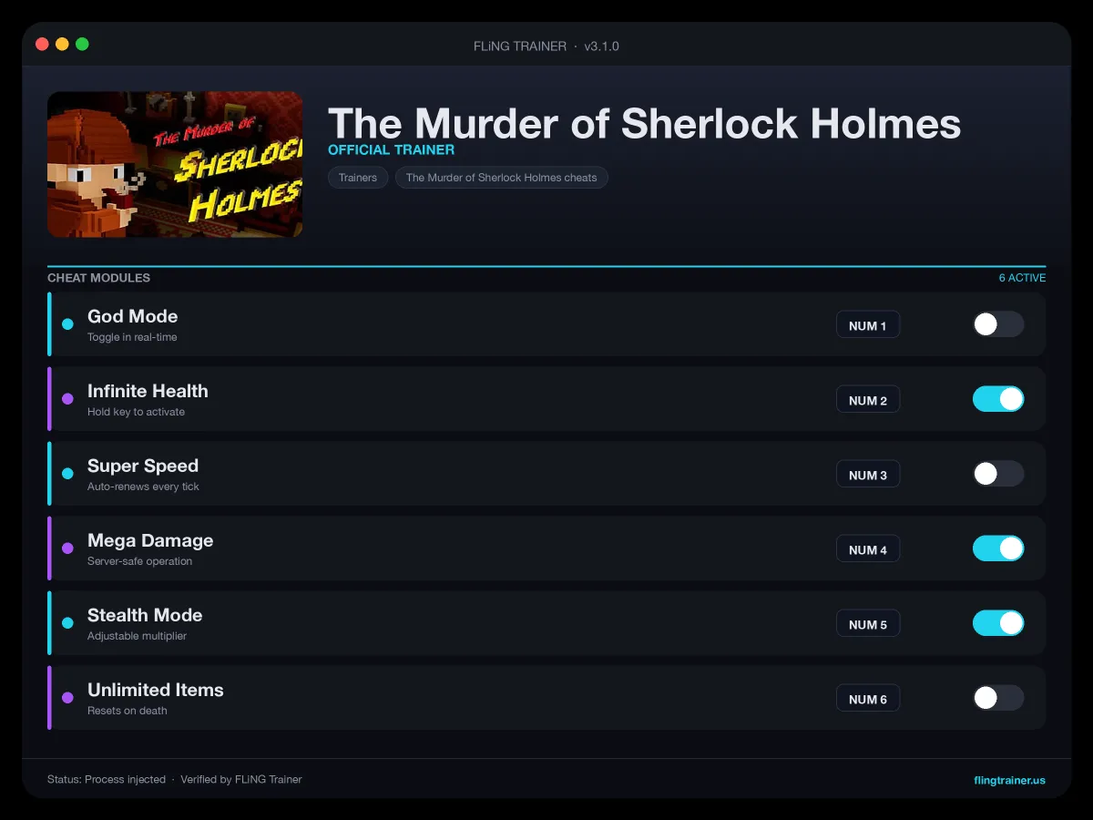 The Murder of Sherlock Holmes Trainer interface