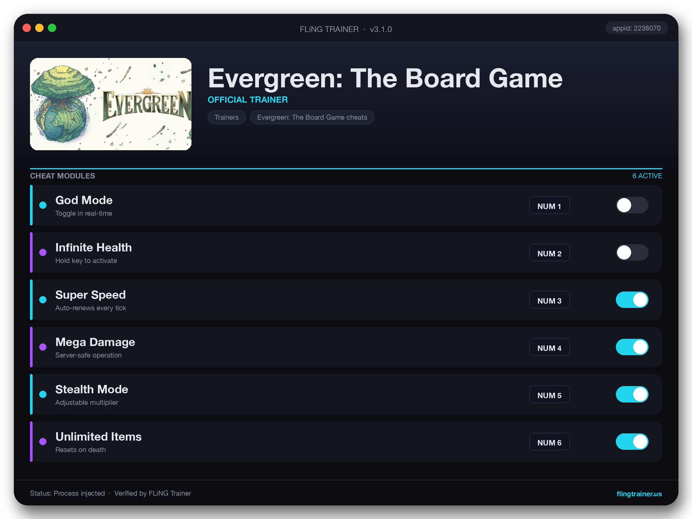 Evergreen: The Board Game Trainer interface