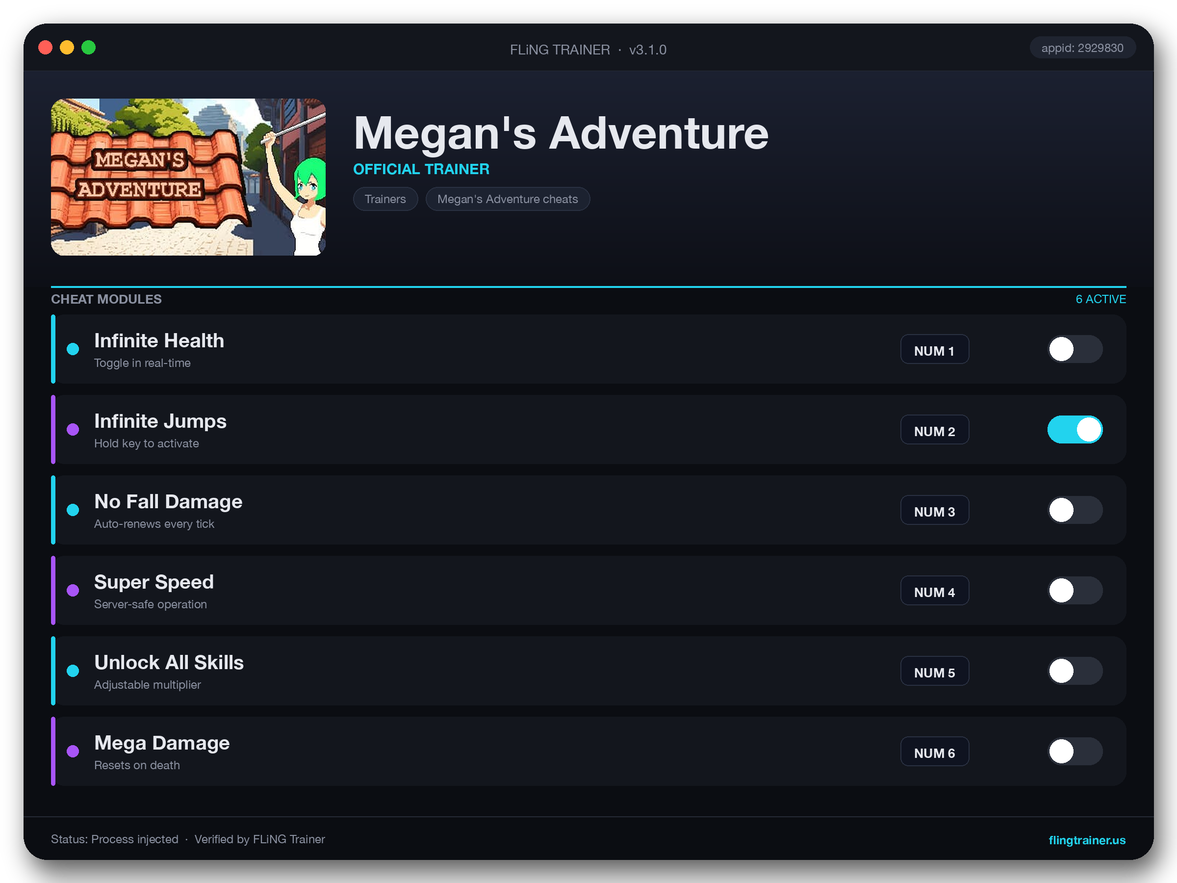 Megan's Adventure Trainer interface