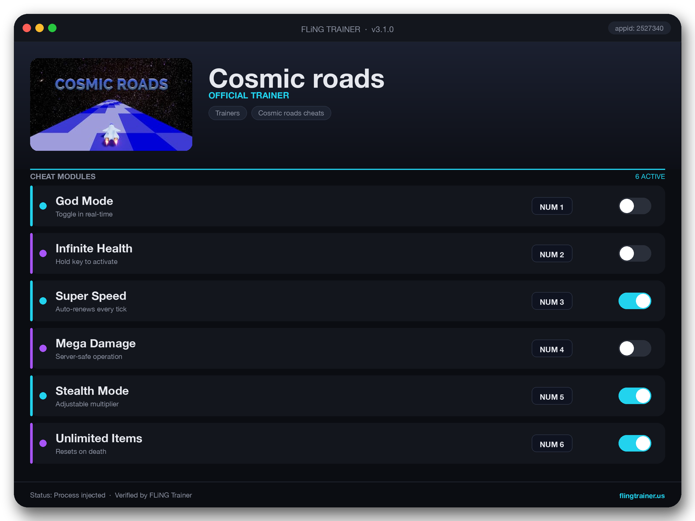 Cosmic roads Trainer interface