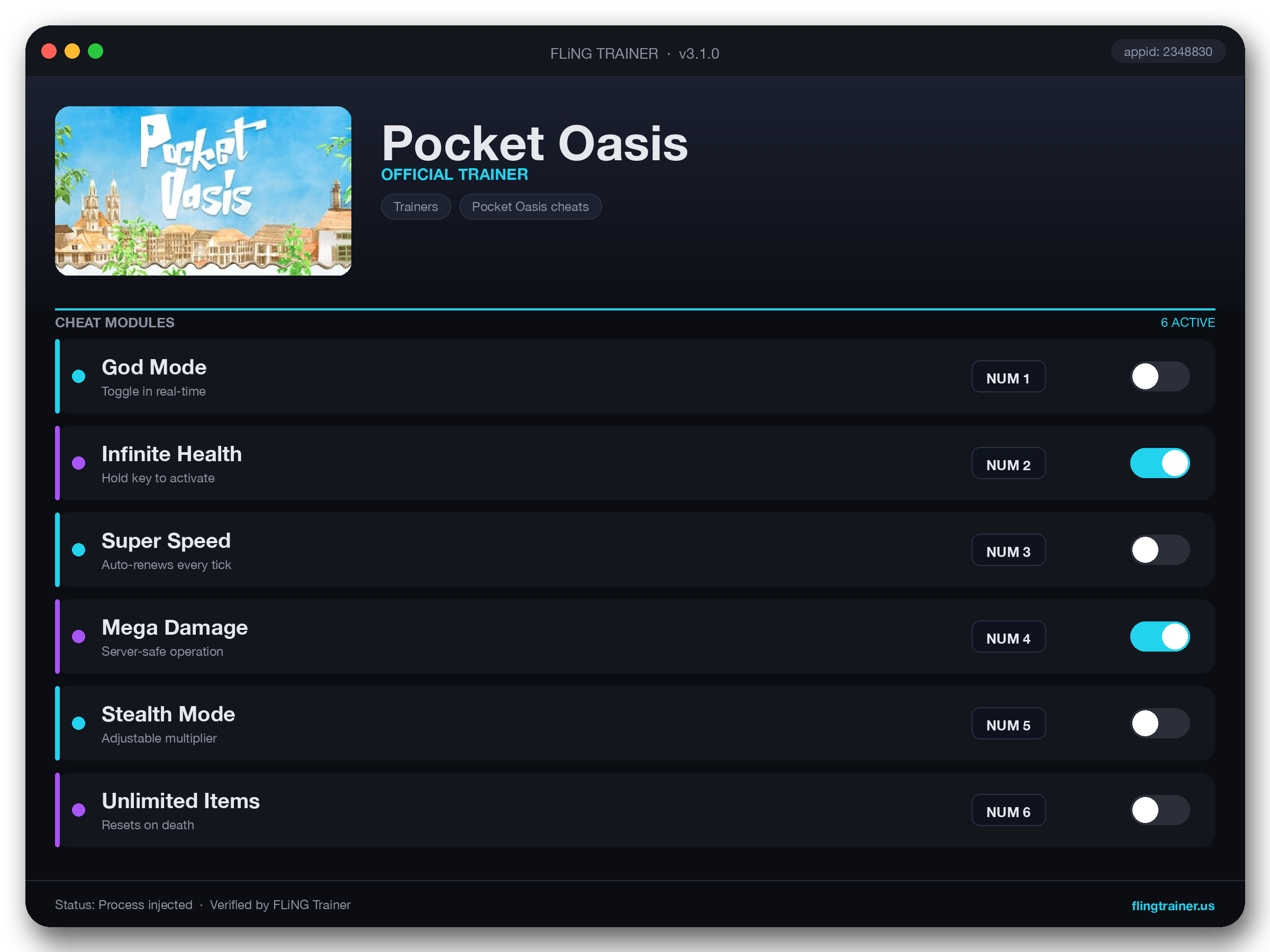 Pocket Oasis Trainer interface