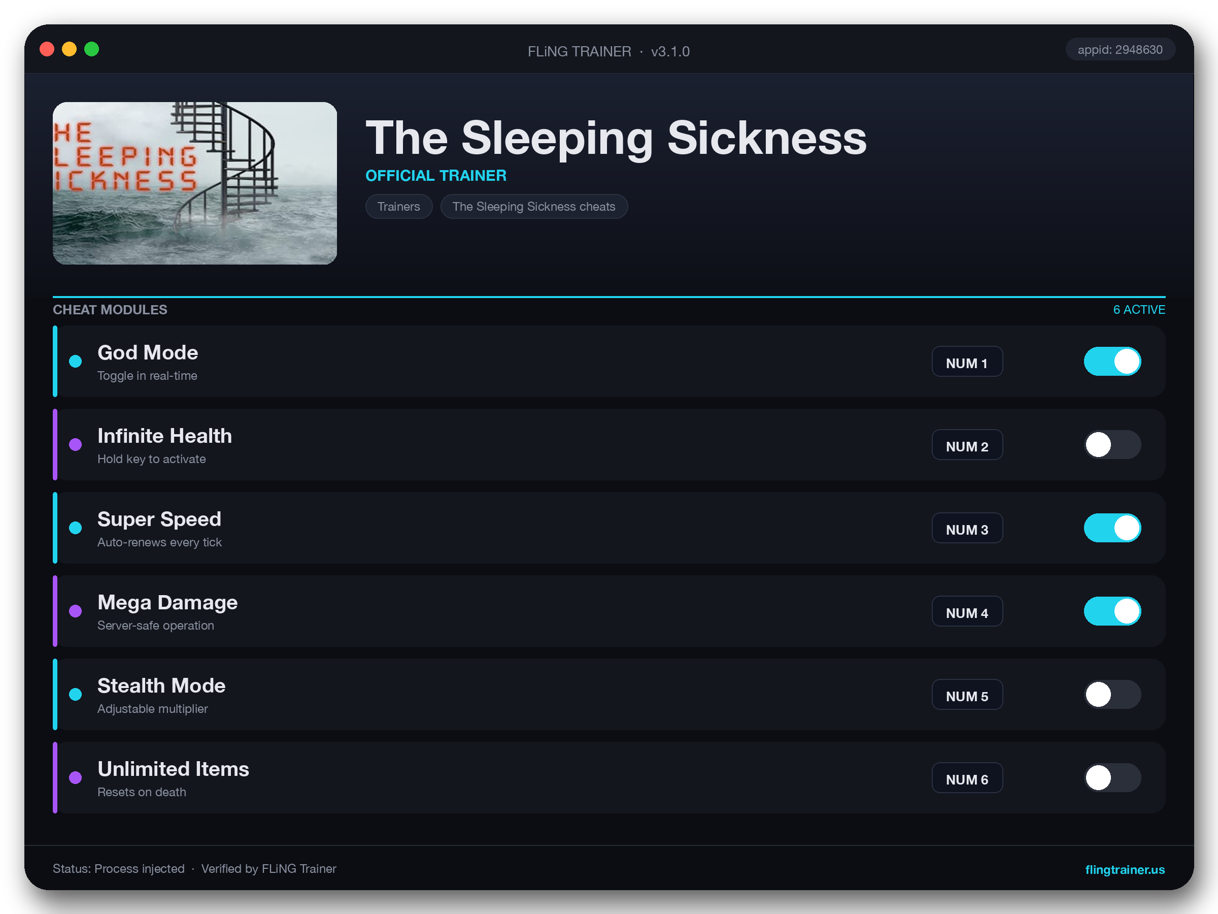 The Sleeping Sickness Trainer interface