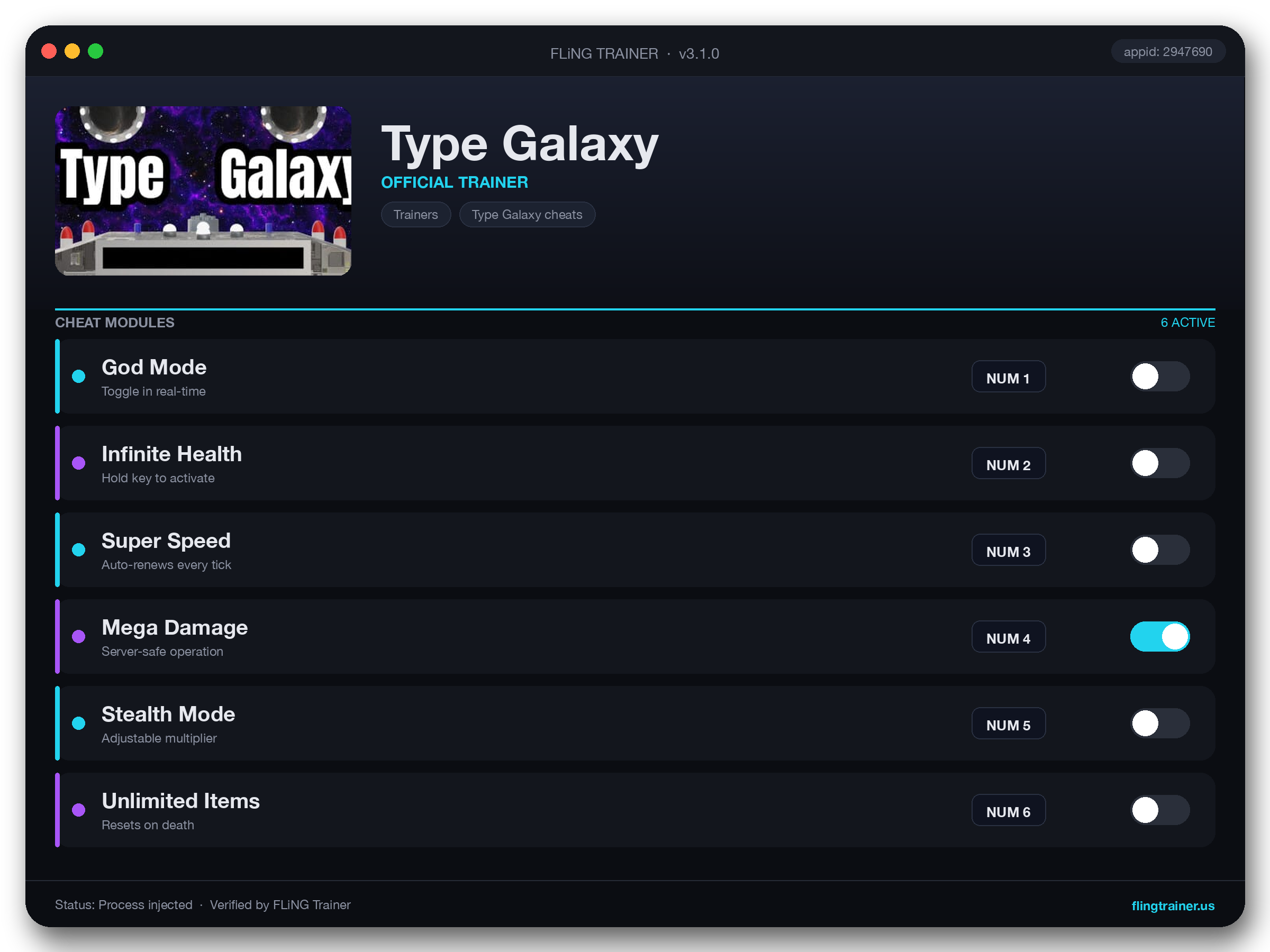 Type Galaxy Trainer interface