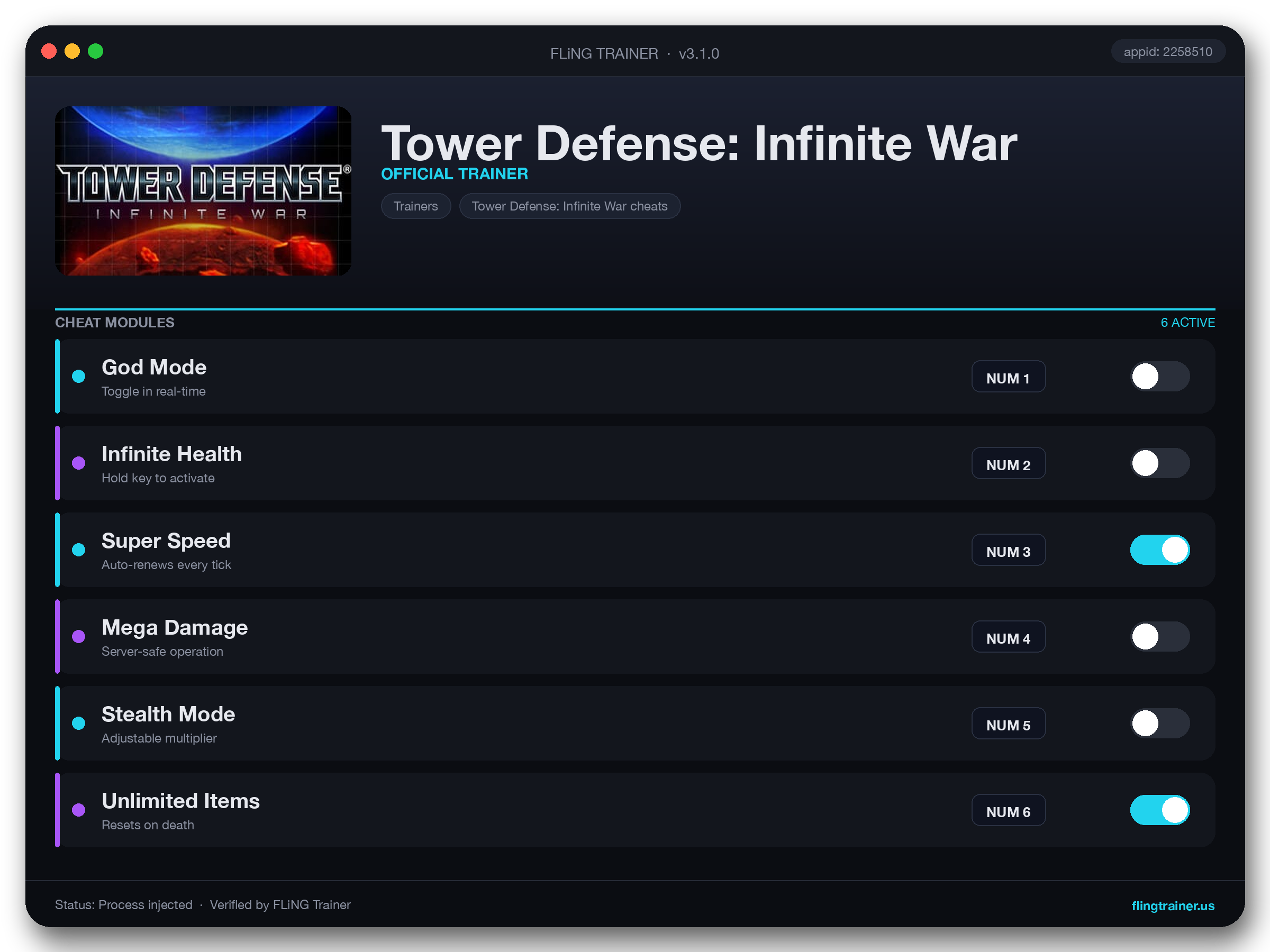 Tower Defense: Infinite War Trainer interface