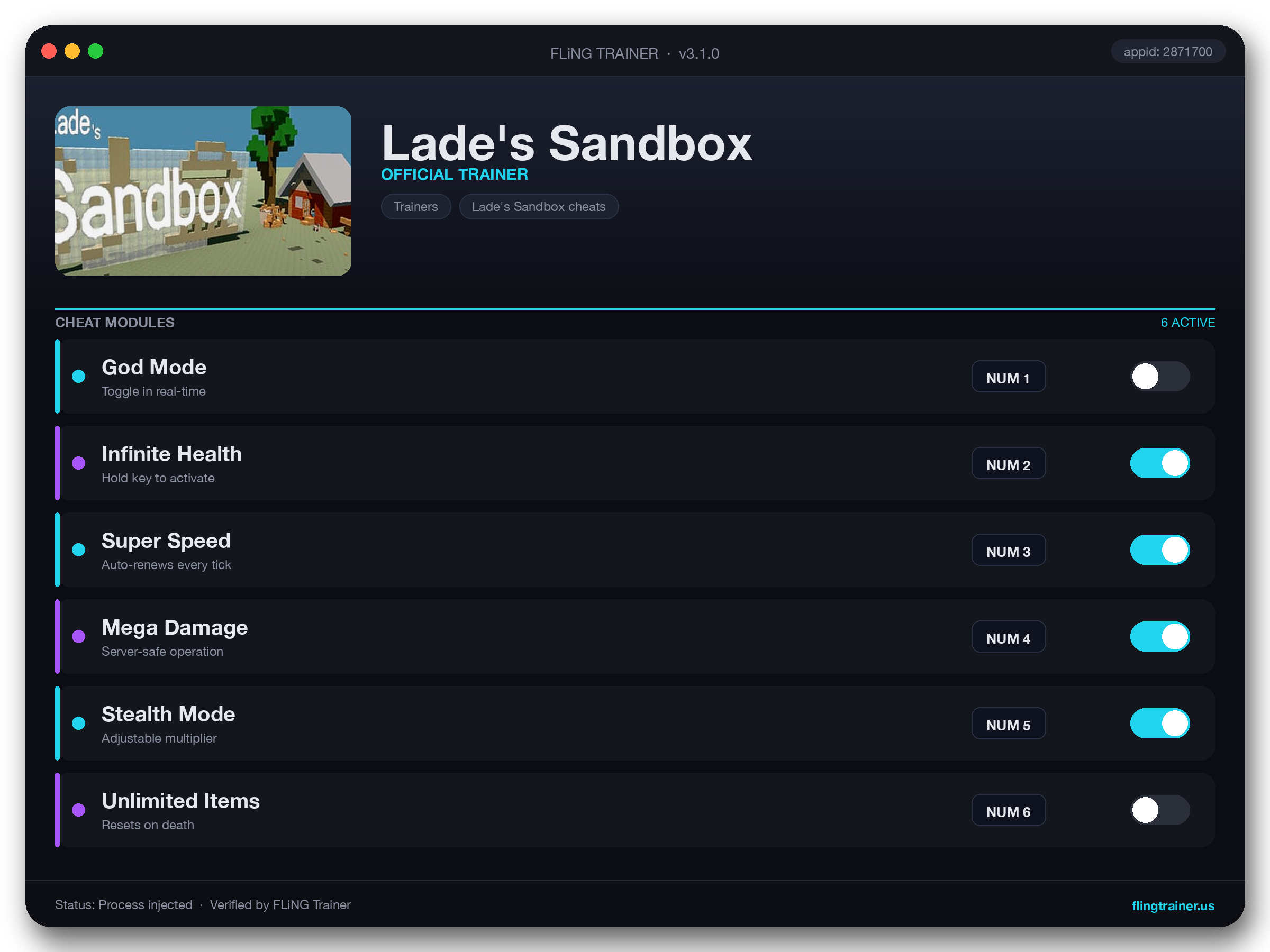 Lade's Sandbox Trainer interface