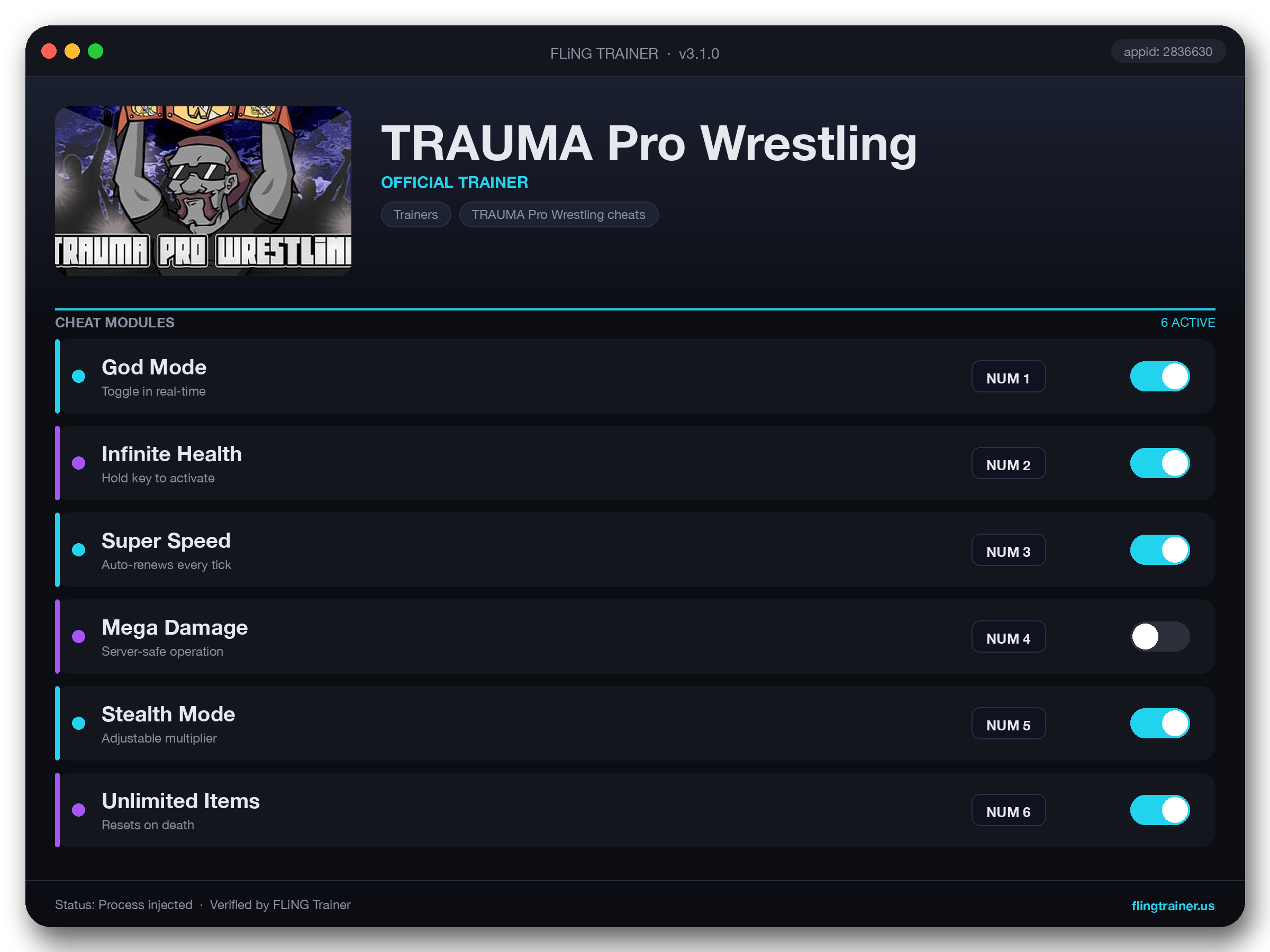 TRAUMA Pro Wrestling Trainer interface