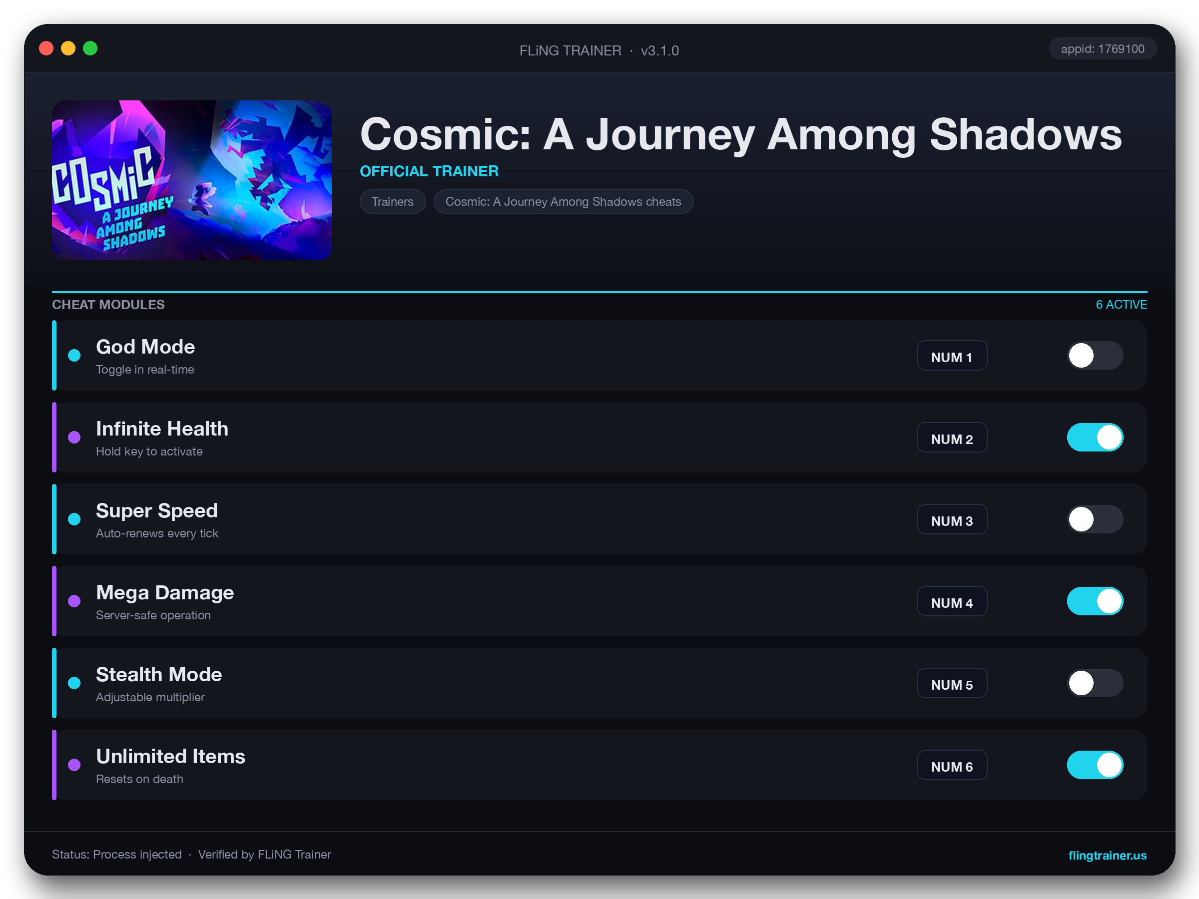 Cosmic: A Journey Among Shadows Trainer interface