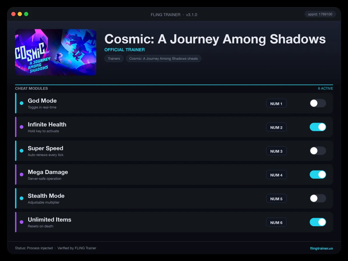 Cosmic: A Journey Among Shadows Trainer interface