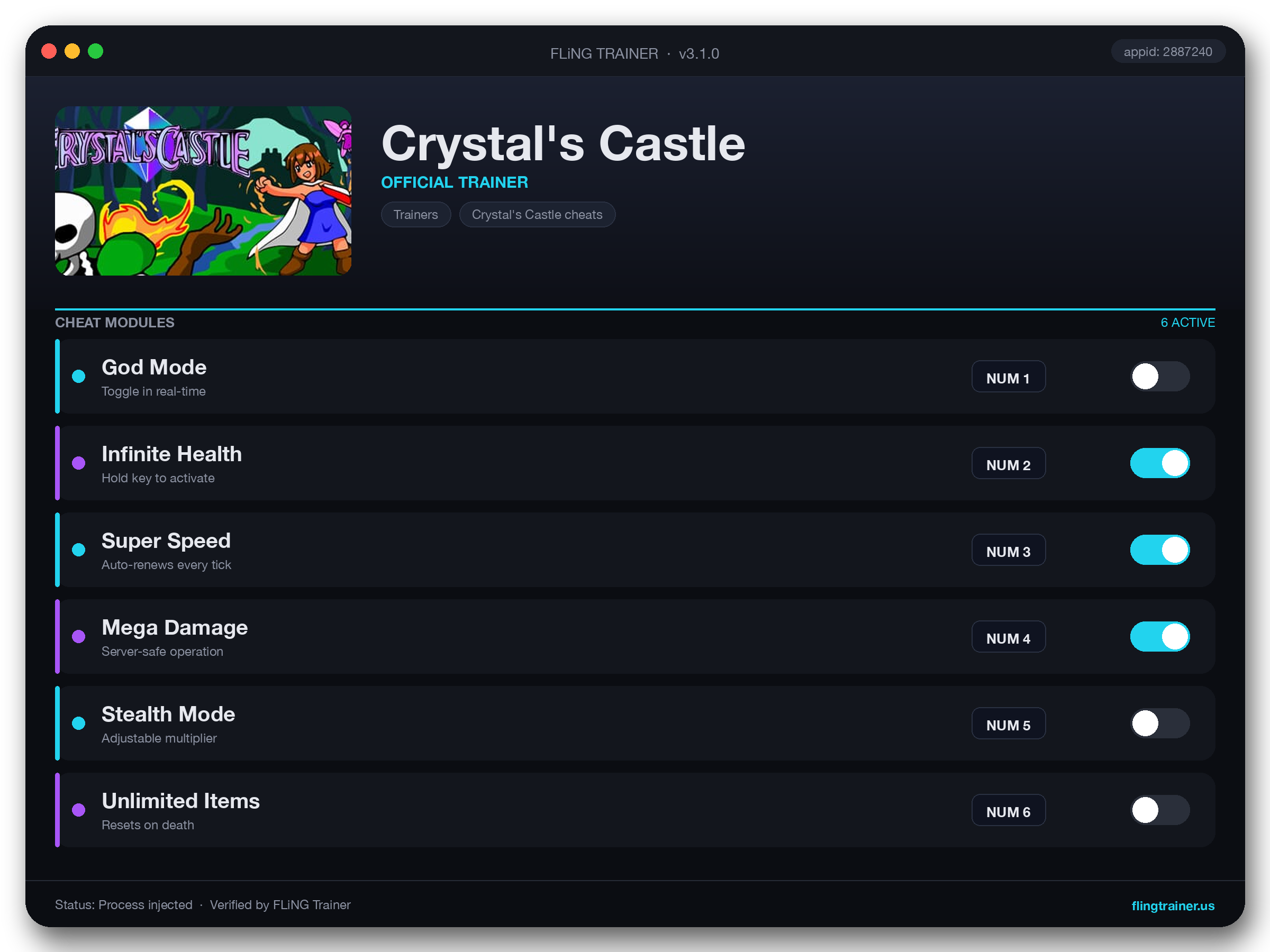 Crystal's Castle Trainer interface