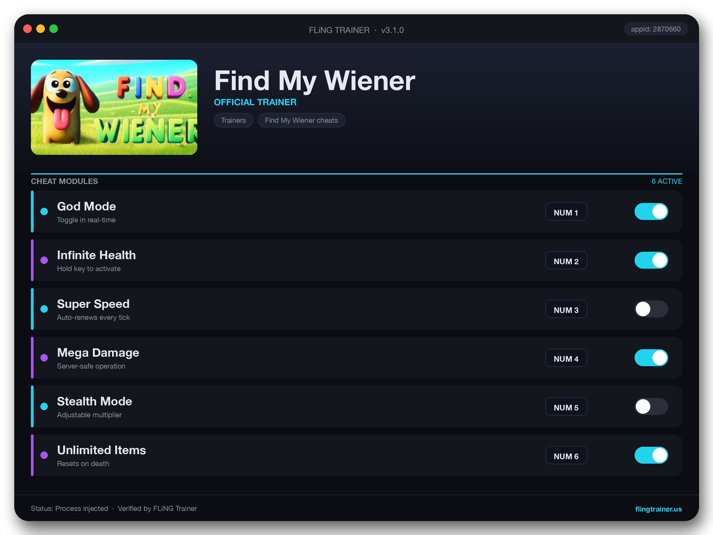 Find My Wiener Trainer interface