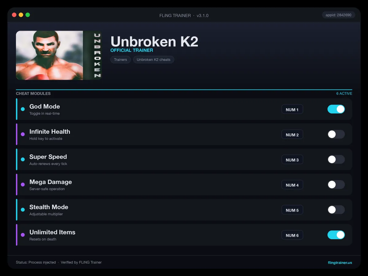 Unbroken K2 Trainer interface
