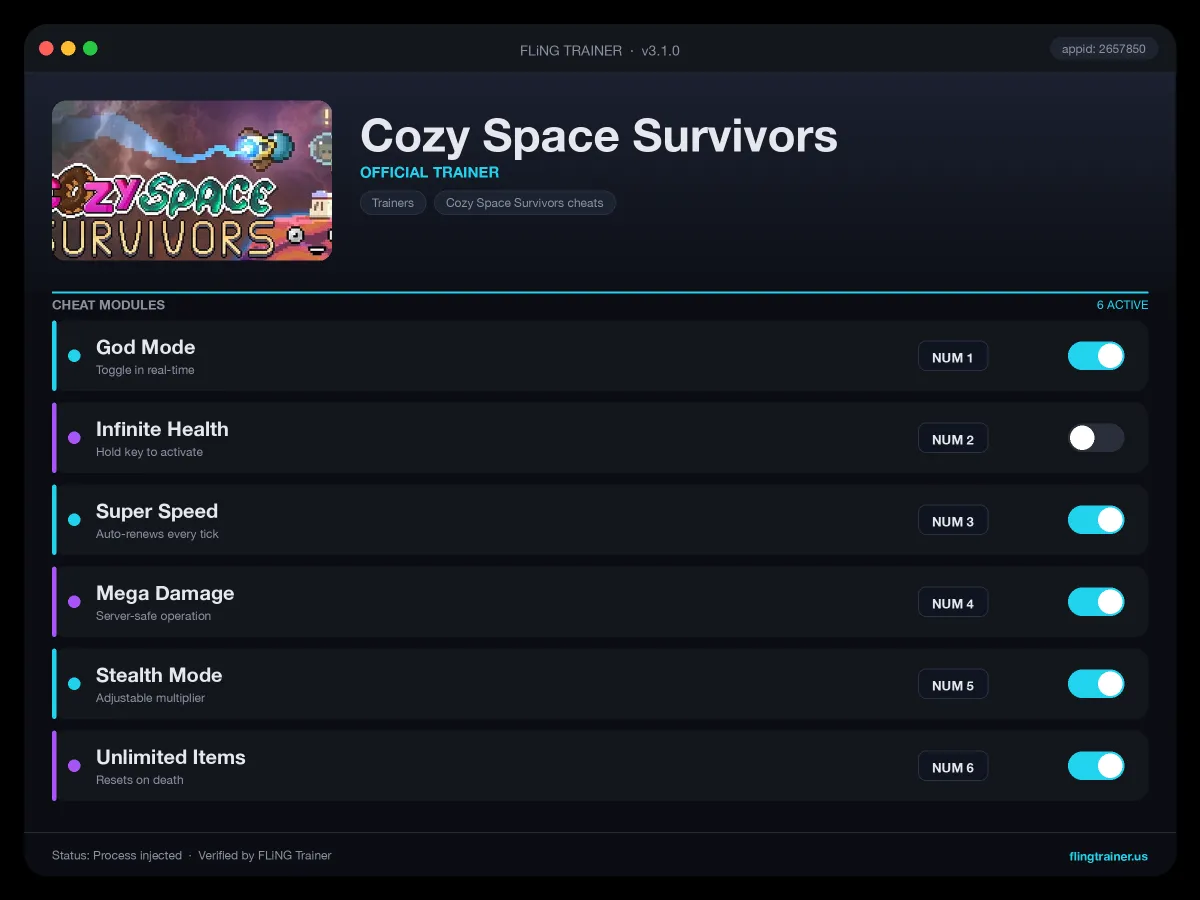 Cozy Space Survivors Trainer interface