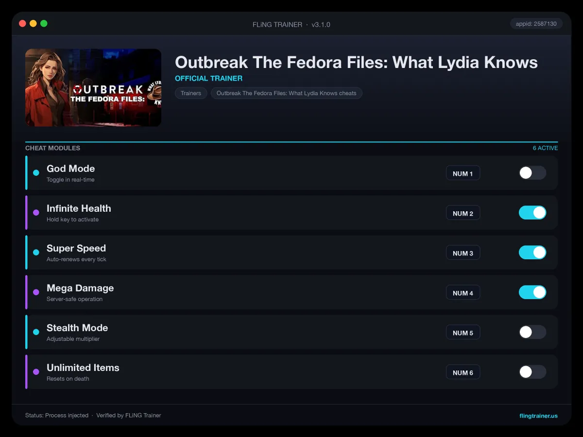 Outbreak The Fedora Files: What Lydia Knows Trainer interface