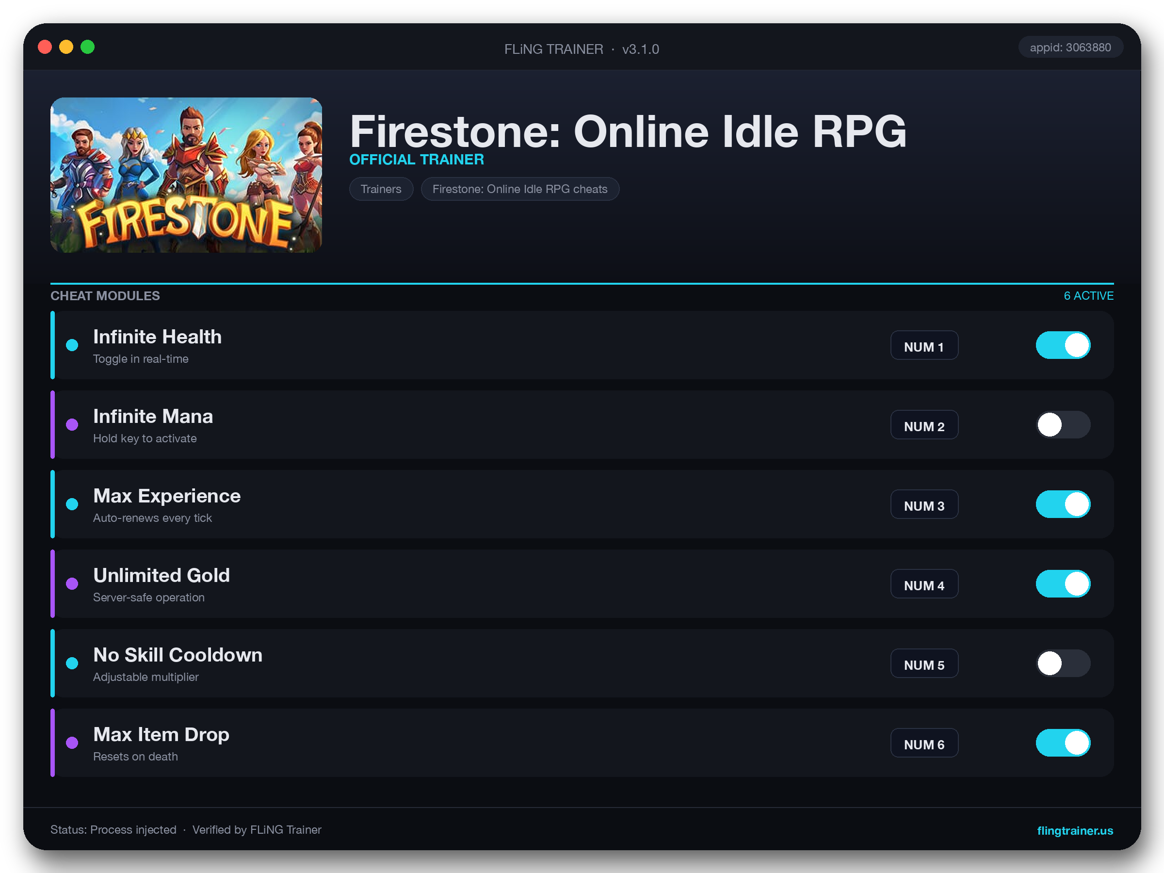 Firestone: Online Idle RPG Trainer interface