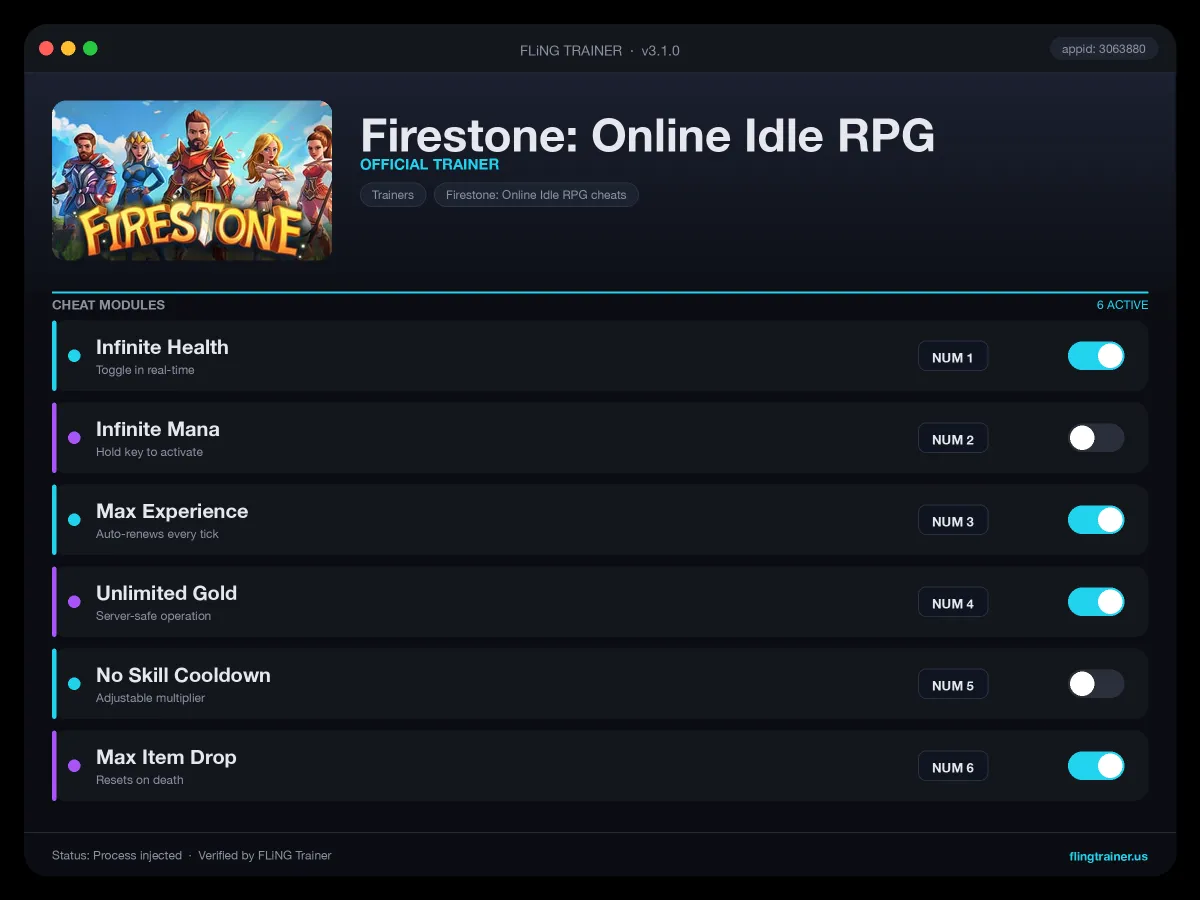 Firestone: Online Idle RPG Trainer interface