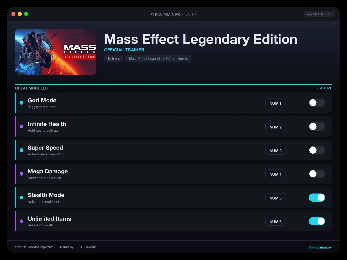 Mass Effect Legendary Edition Trainer interface
