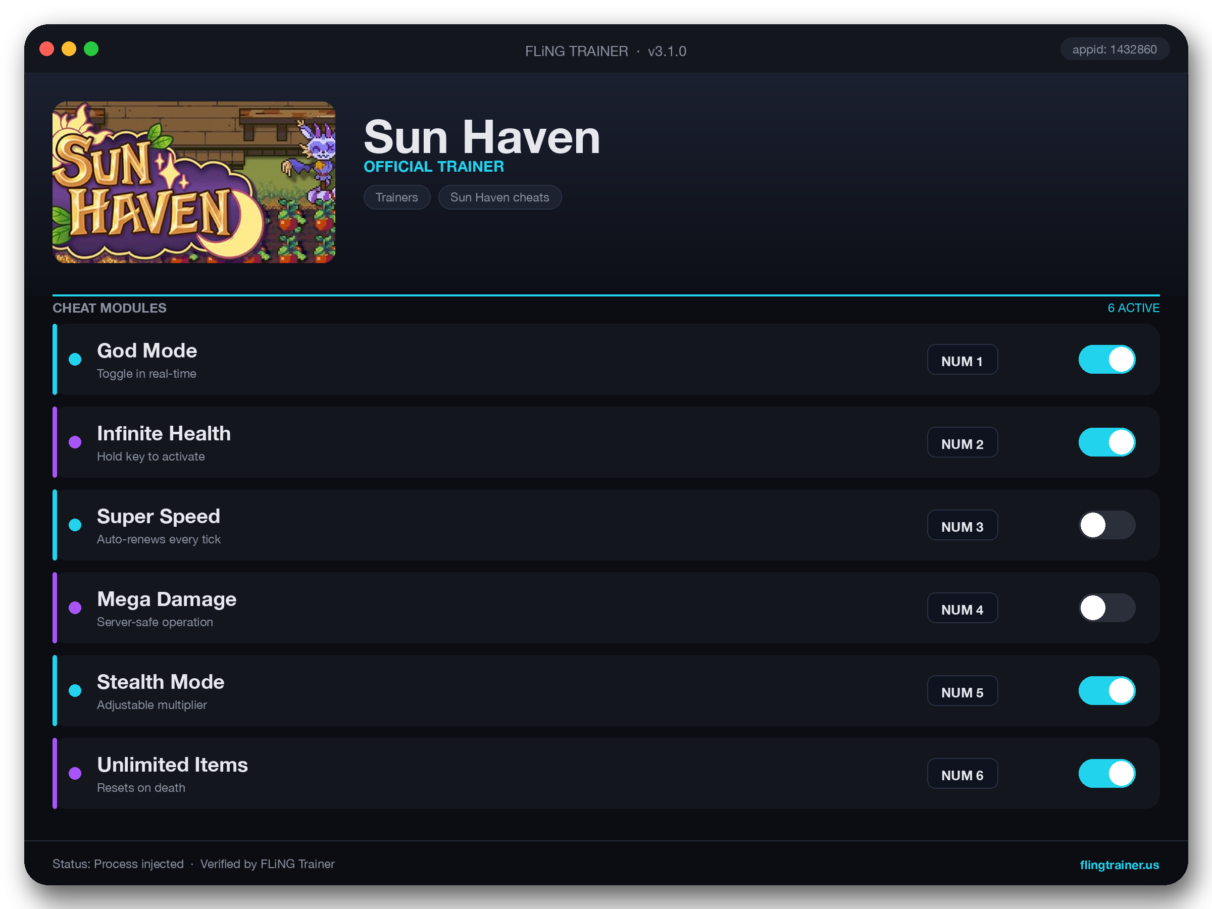 Sun Haven Trainer interface