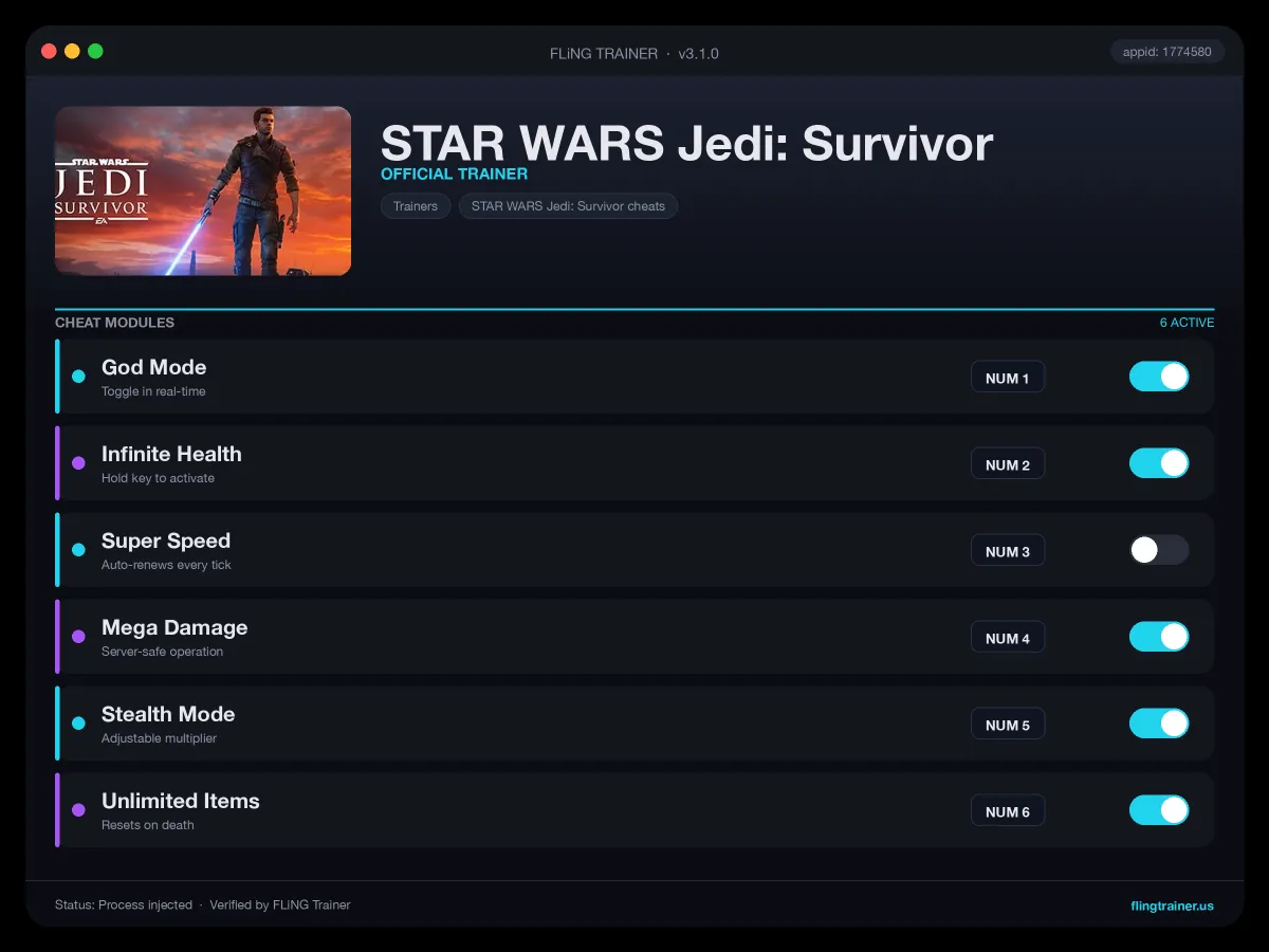 STAR WARS Jedi: Survivor Trainer interface