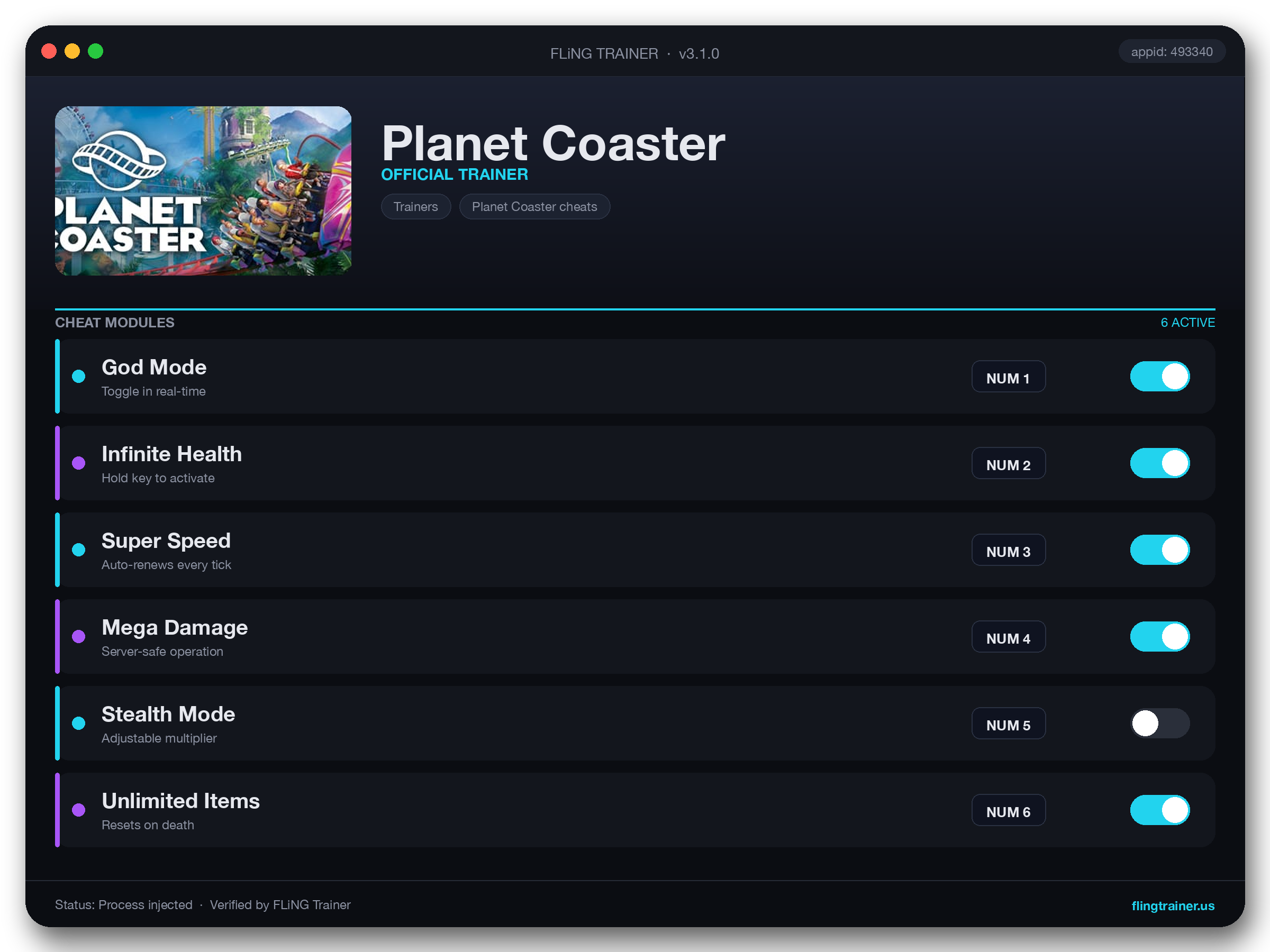 Planet Coaster Trainer interface