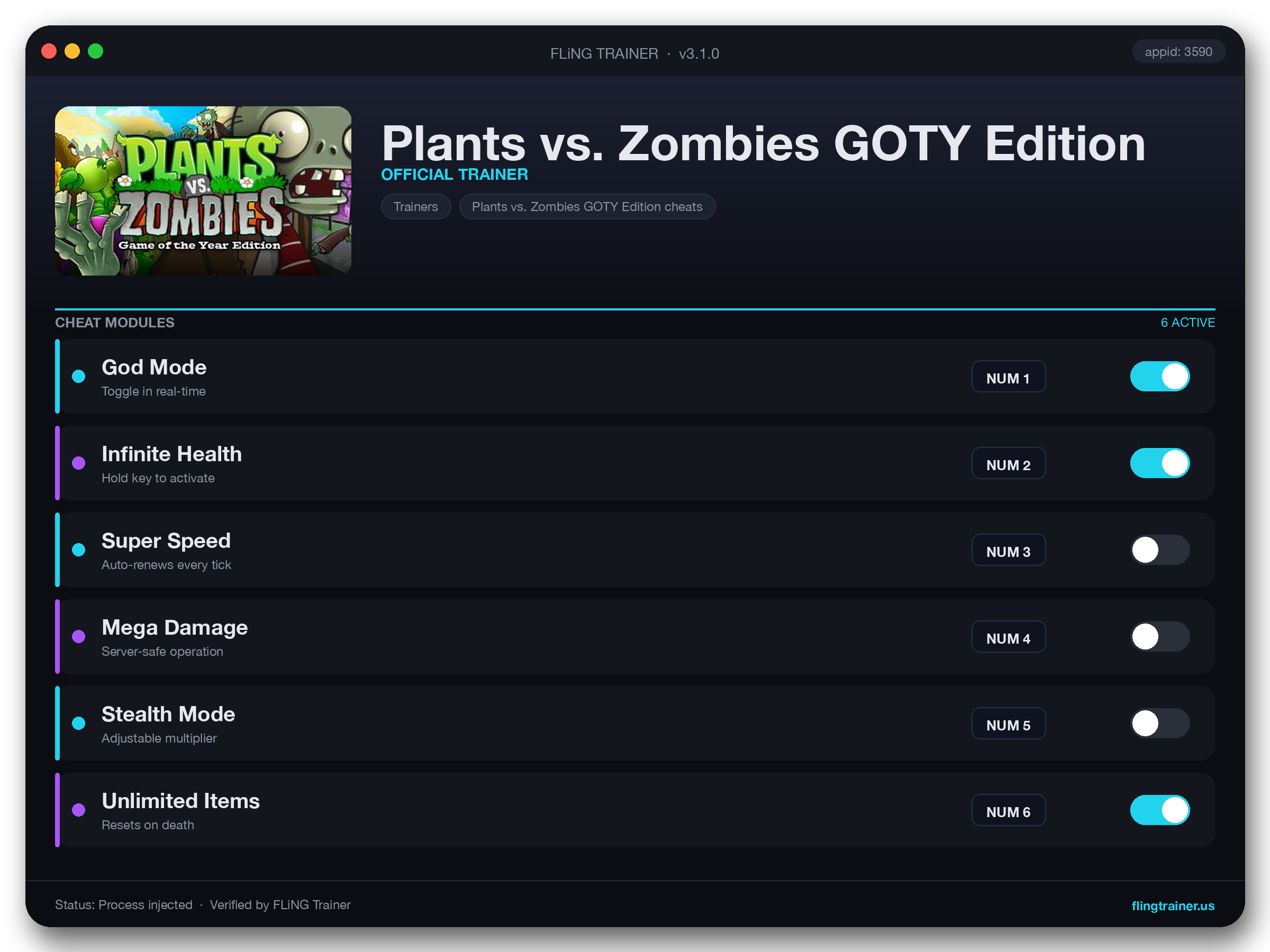Plants vs. Zombies GOTY Edition Trainer interface