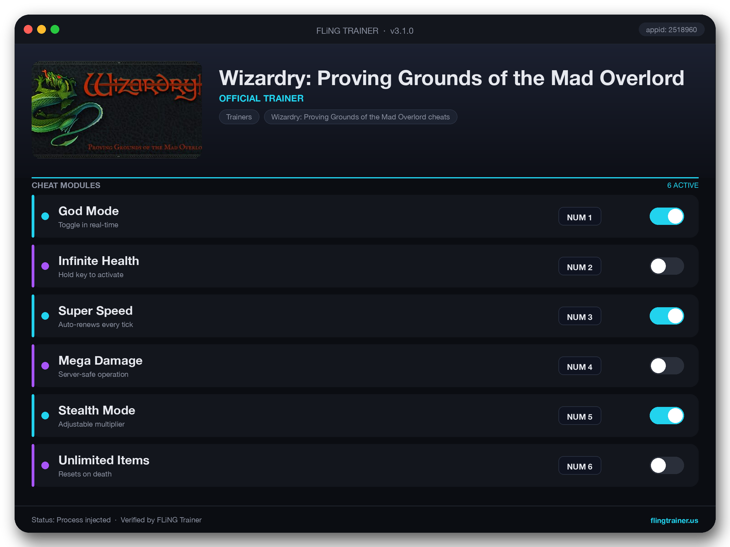 Wizardry: Proving Grounds of the Mad Overlord Trainer interface