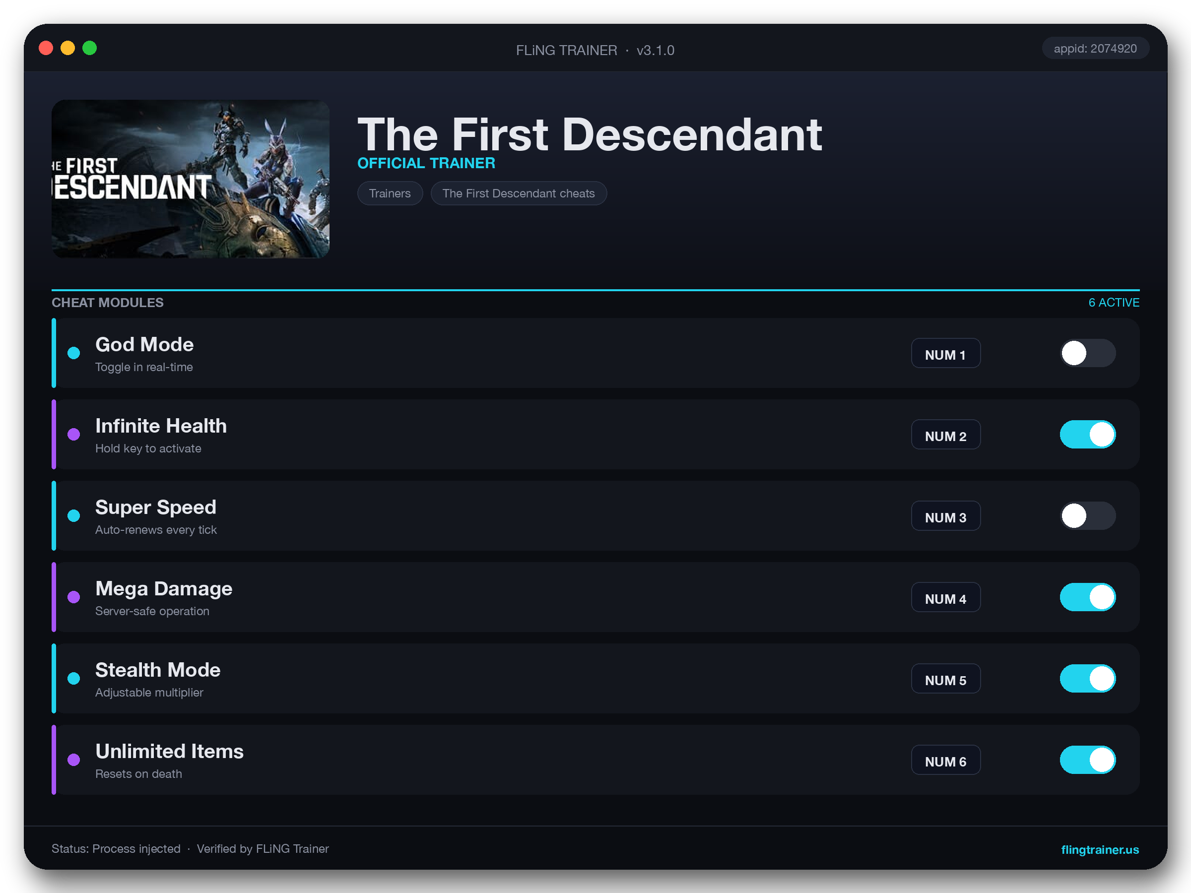 The First Descendant Trainer interface