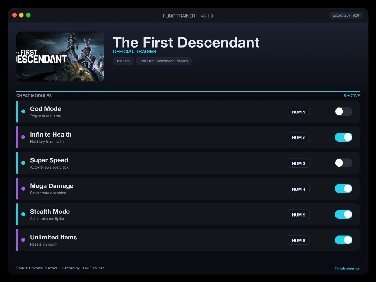 The First Descendant Trainer interface