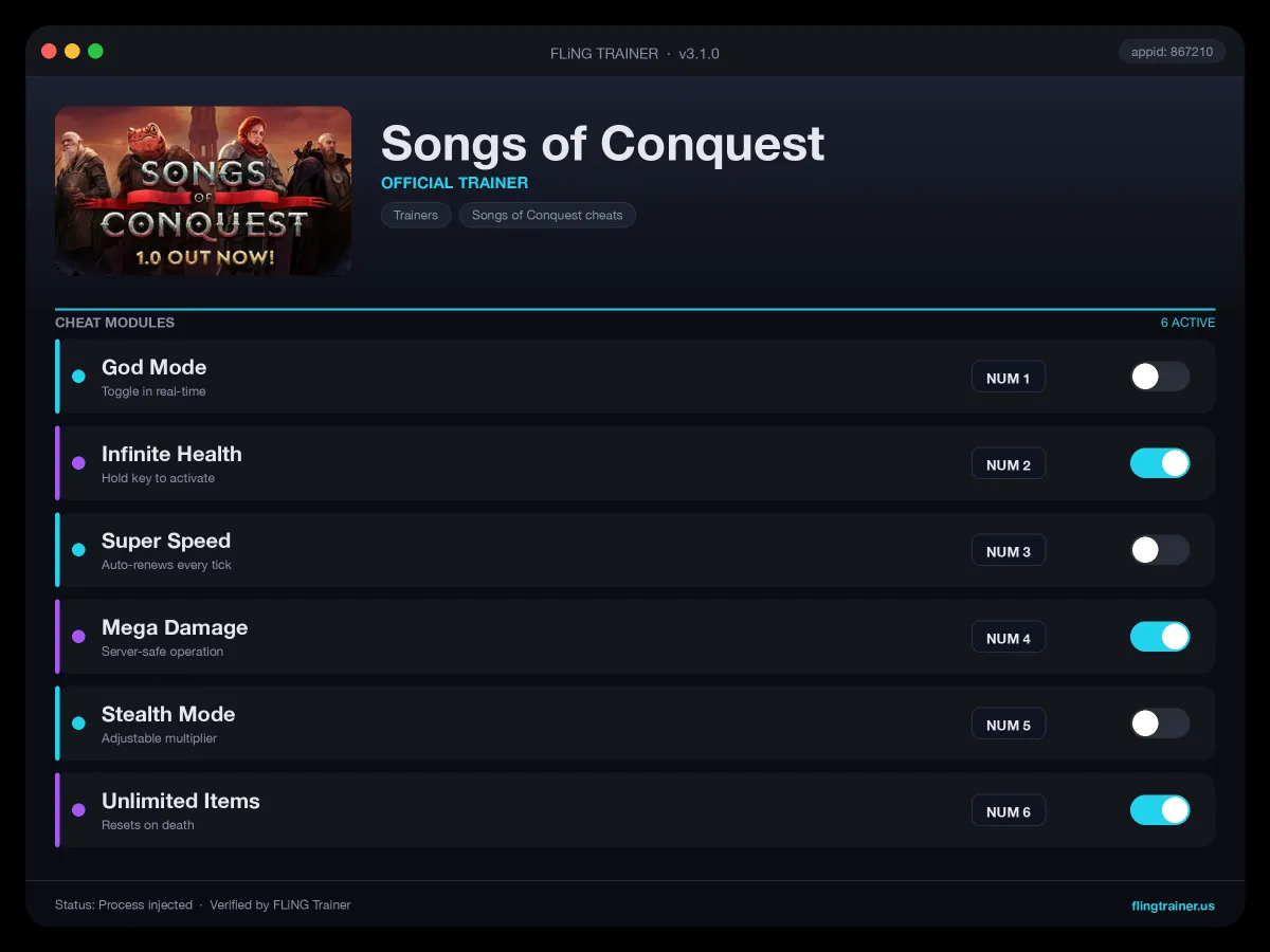 Songs of Conquest Trainer interface