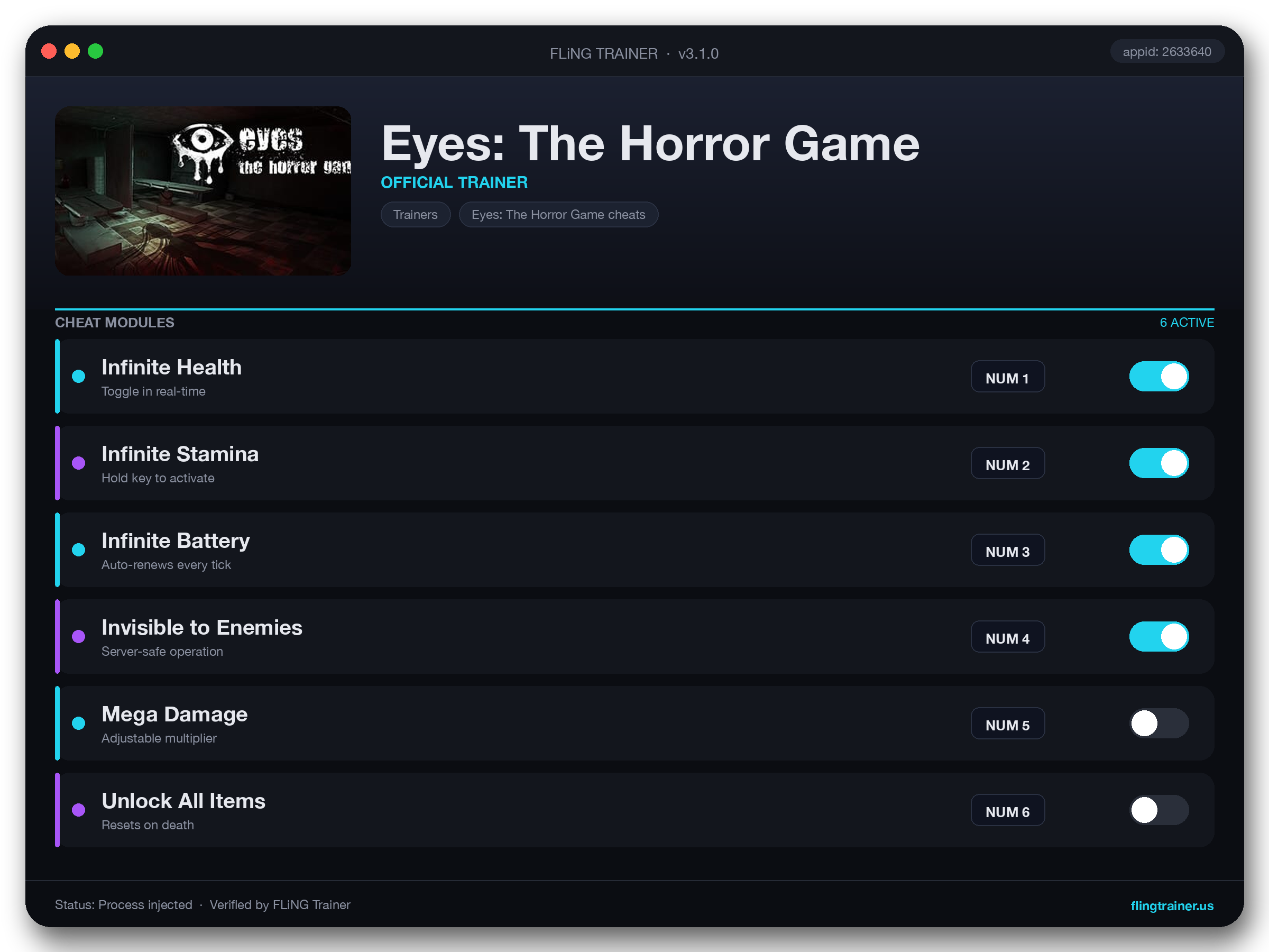 Eyes: The Horror Game Trainer interface