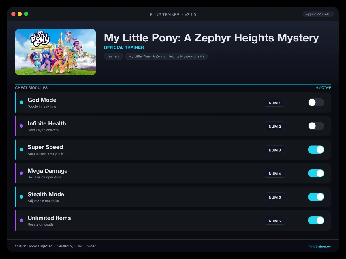 My Little Pony: A Zephyr Heights Mystery Trainer interface