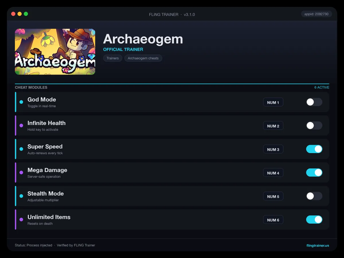 Archaeogem Trainer interface