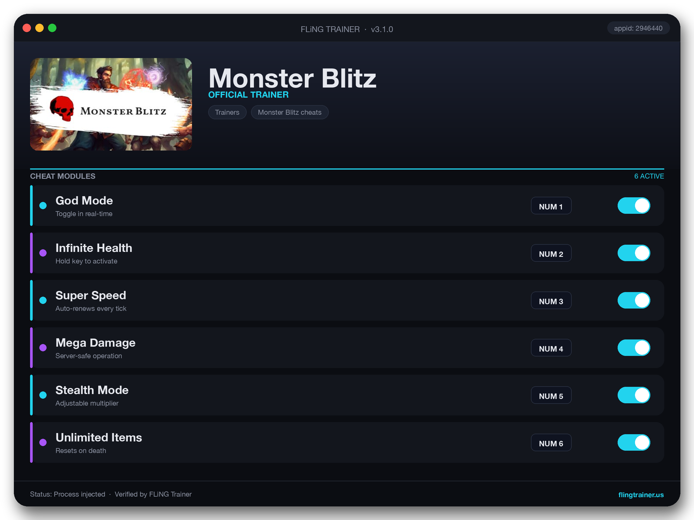 Monster Blitz Trainer interface