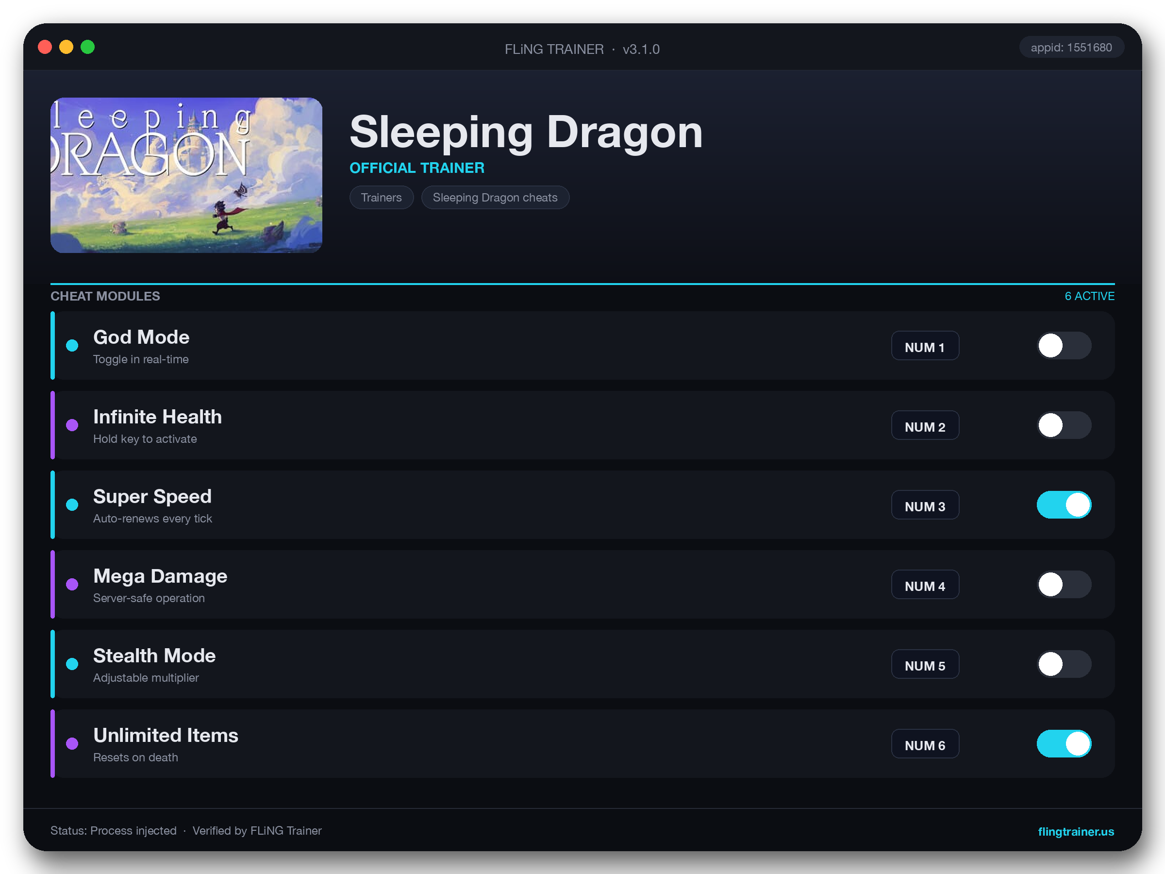 Sleeping Dragon Trainer interface