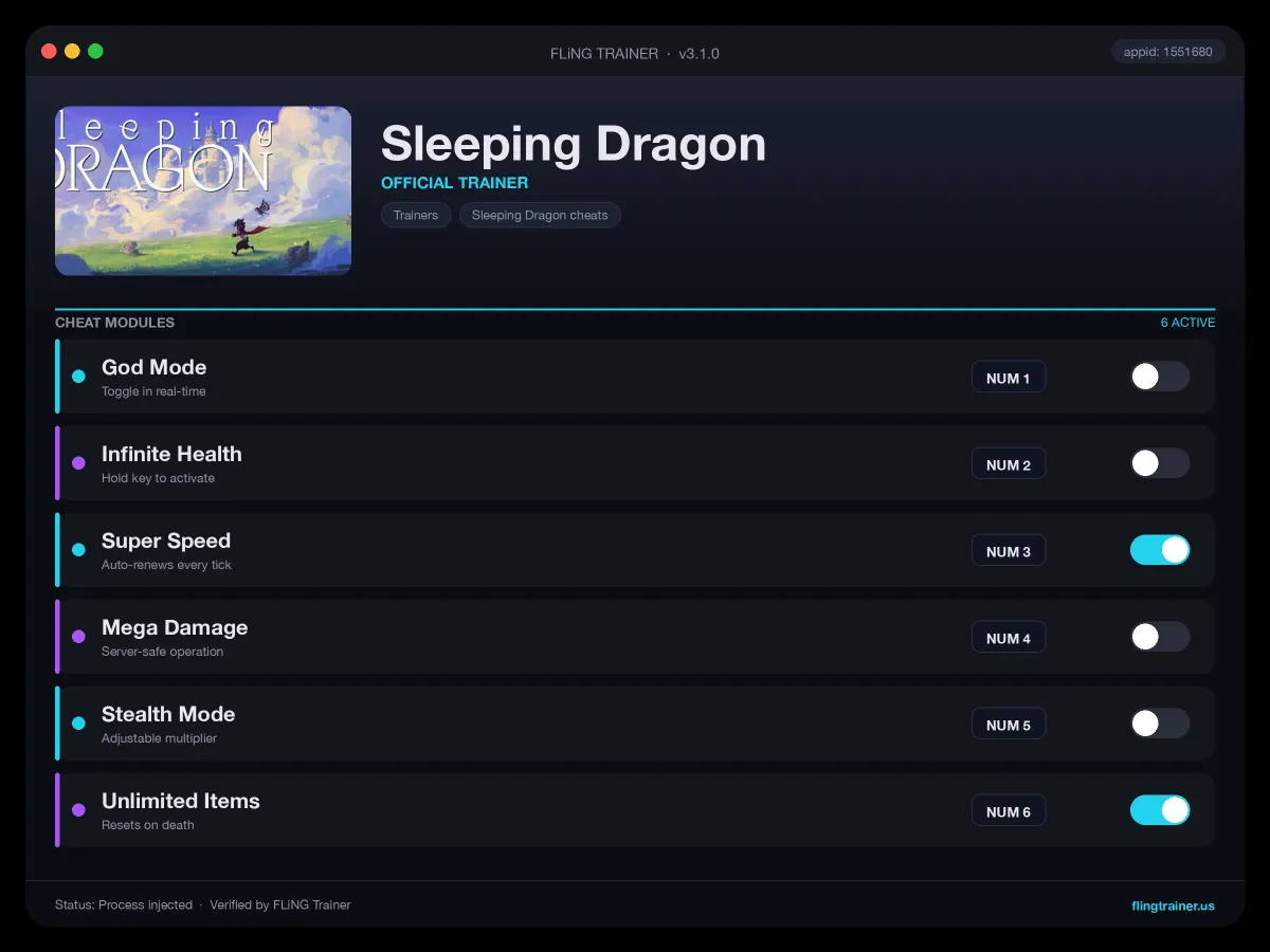 Sleeping Dragon Trainer interface
