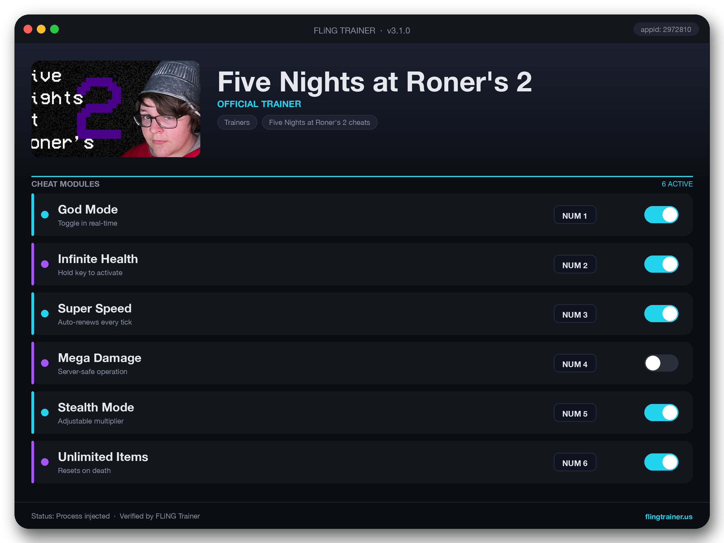 Five Nights at Roner's 2 Trainer interface