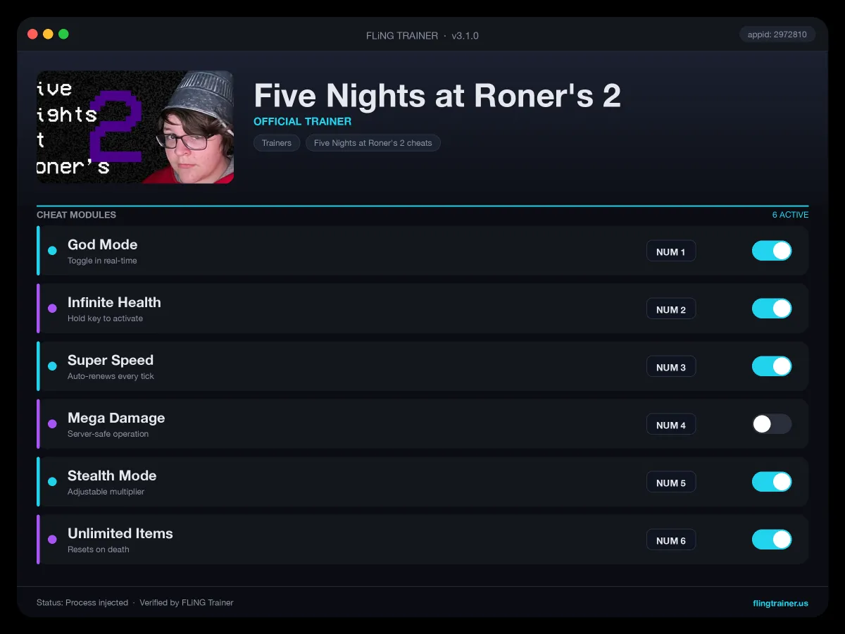 Five Nights at Roner's 2 Trainer interface