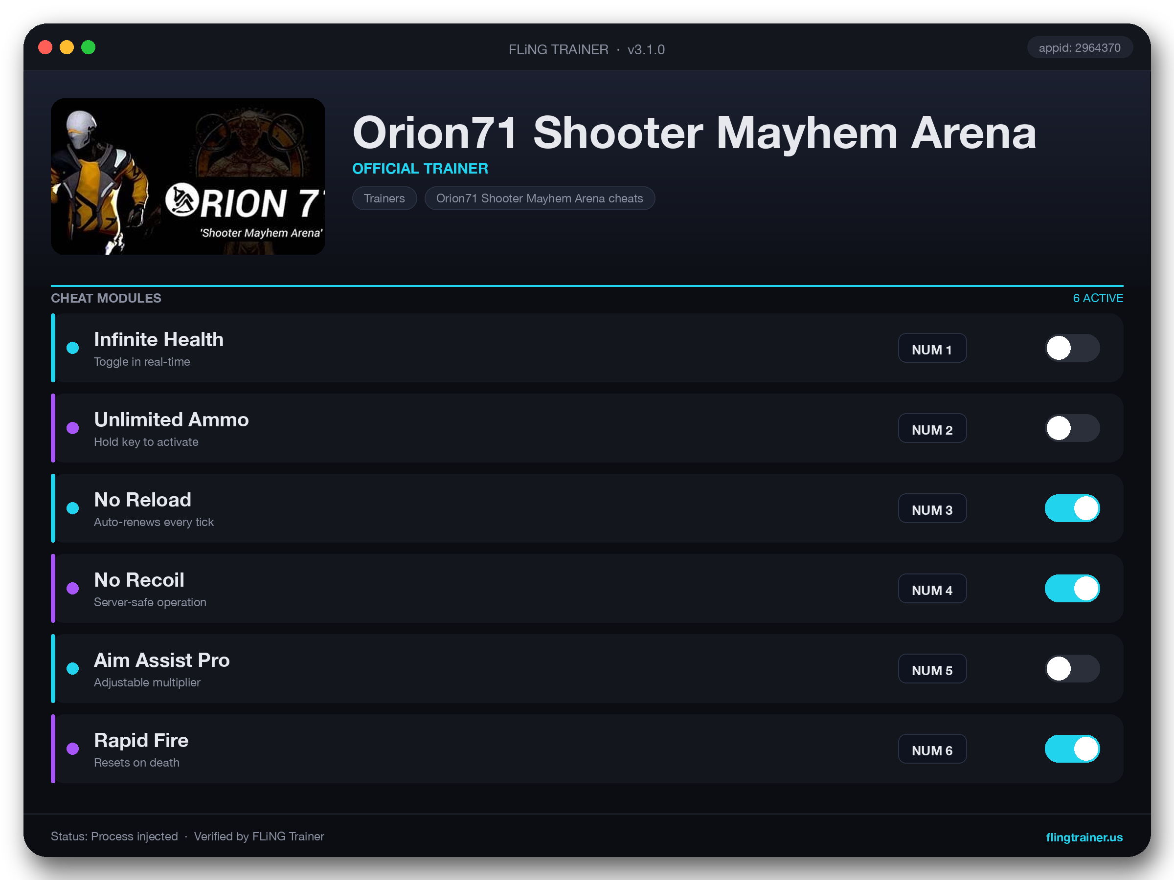 Orion71 Shooter Mayhem Arena Trainer interface