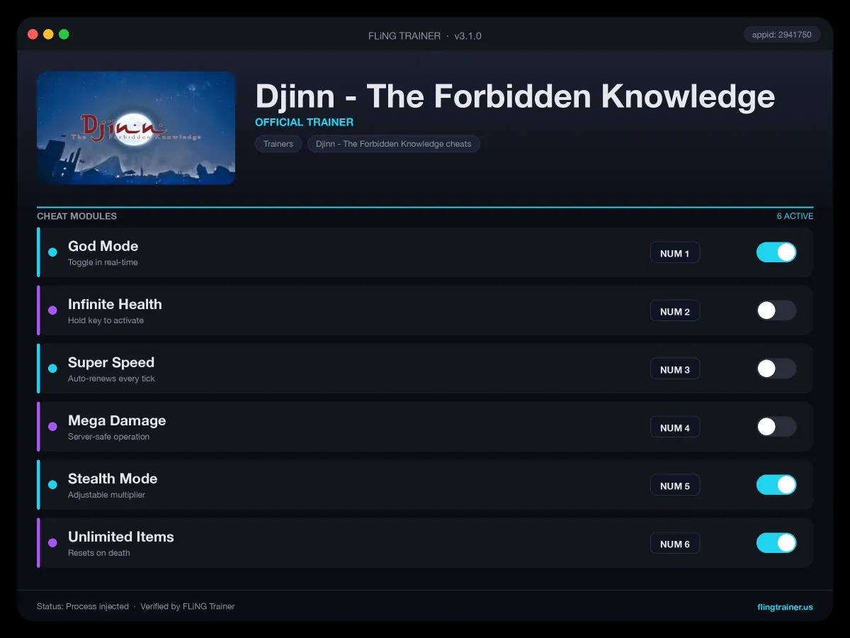 Djinn - The Forbidden Knowledge Trainer interface
